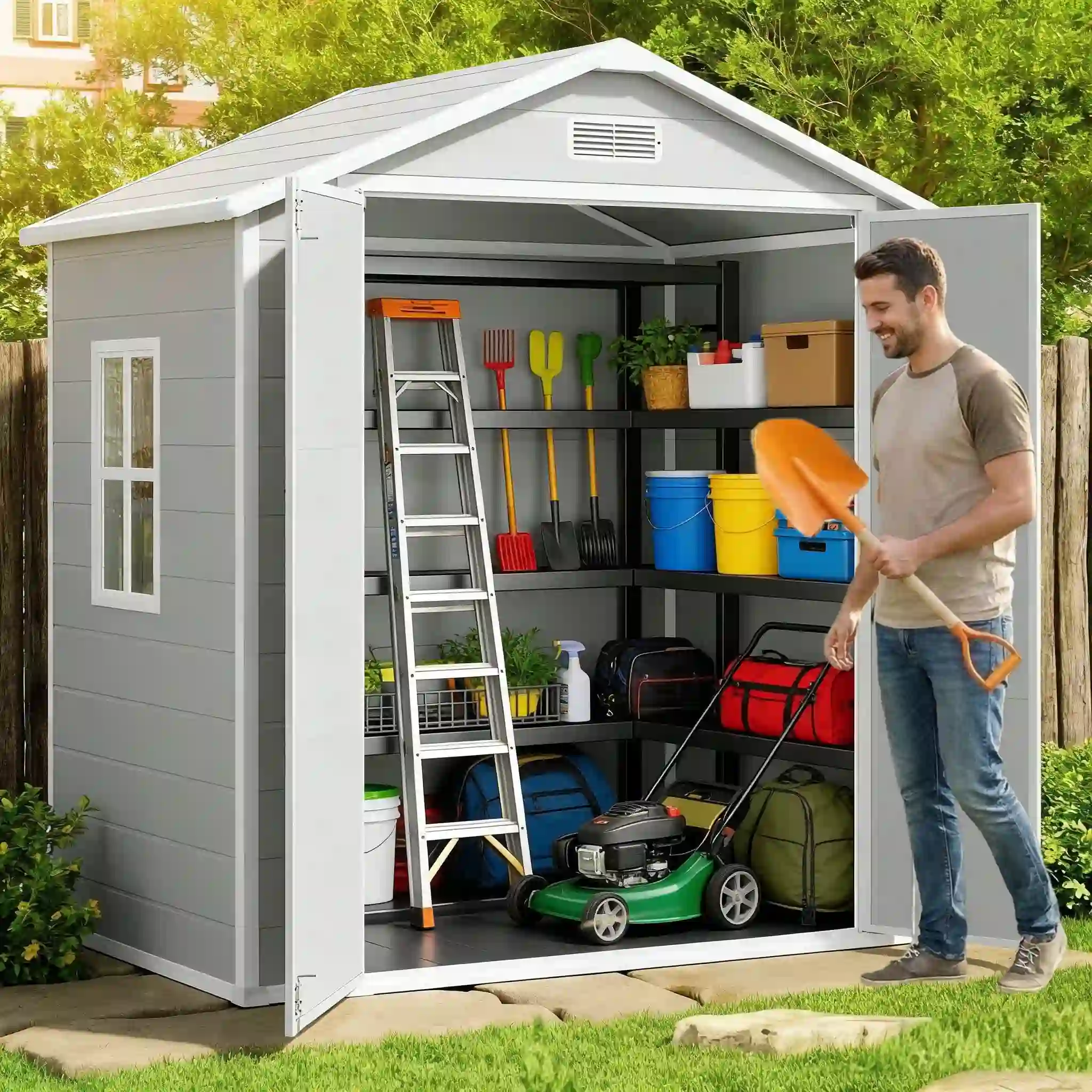 6x4 FT Shed, Outdoor Resin Storage Shed with Floor – Gray