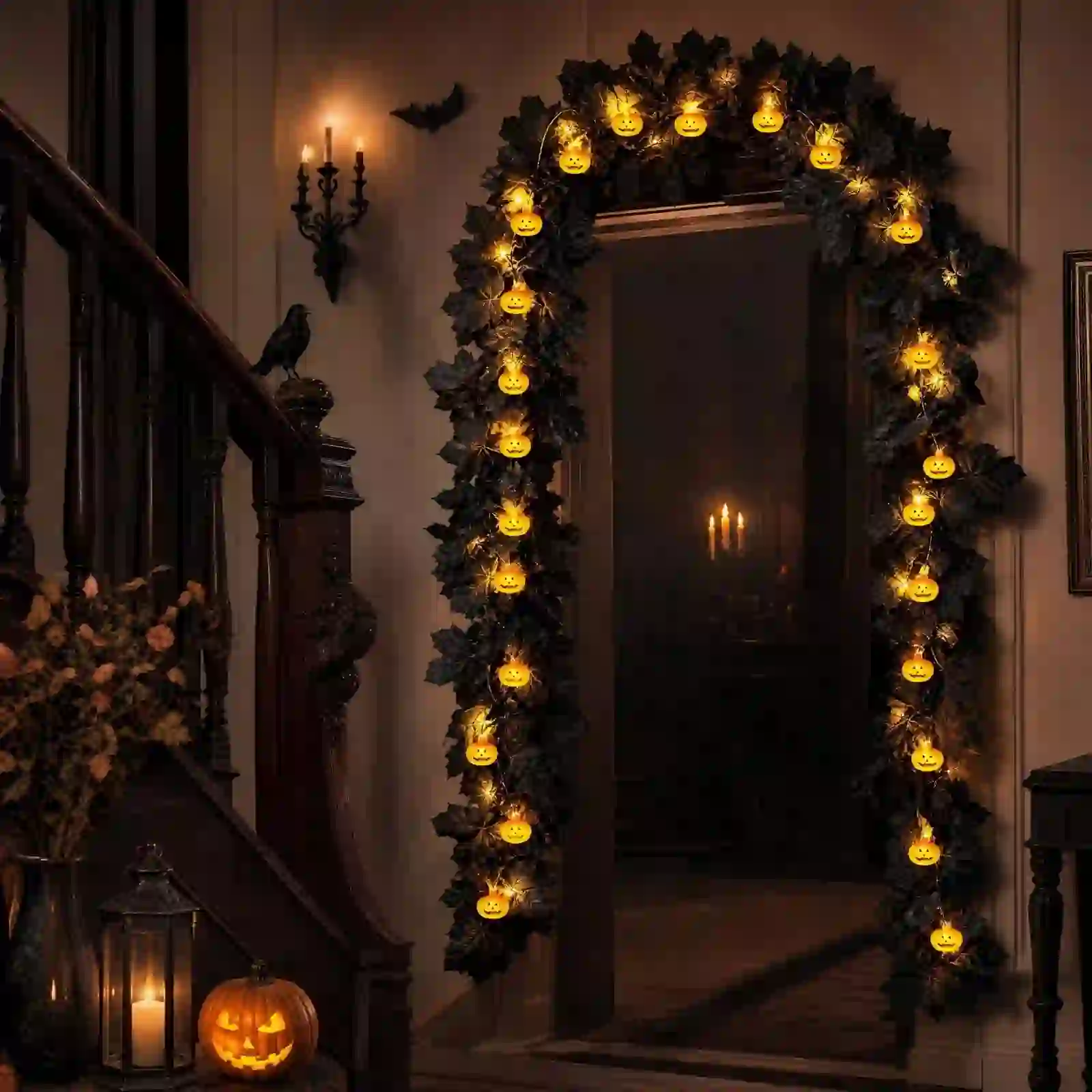 Halloween Pumpkin Maple Leaf Garland with Lights