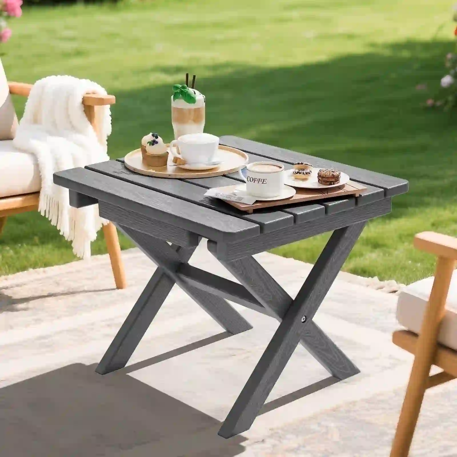 SERWALL Outdoor Small Folding Side Table, Gray