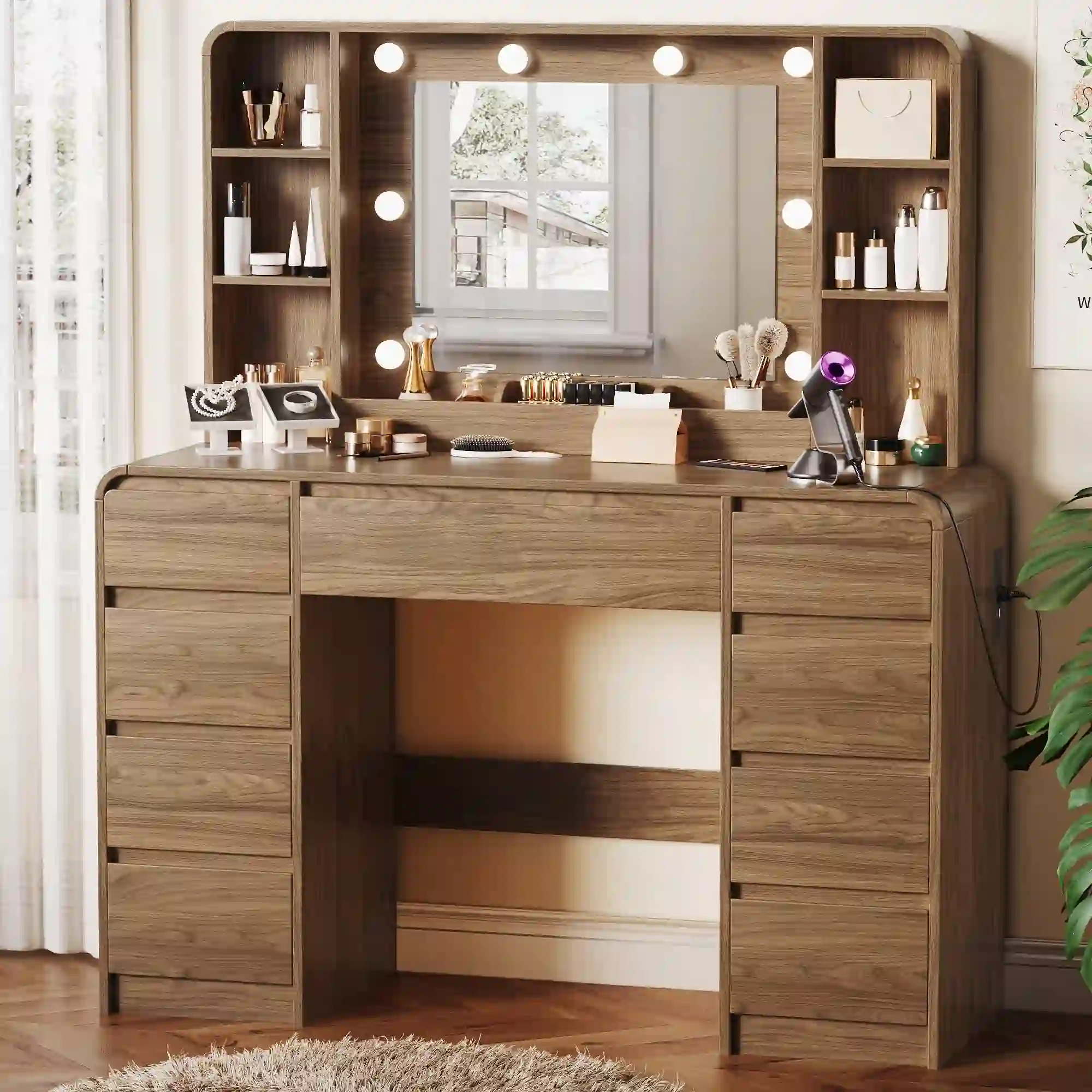 UGTOO Walnut Vanity Desk with Lighted Mirror & Charging Station