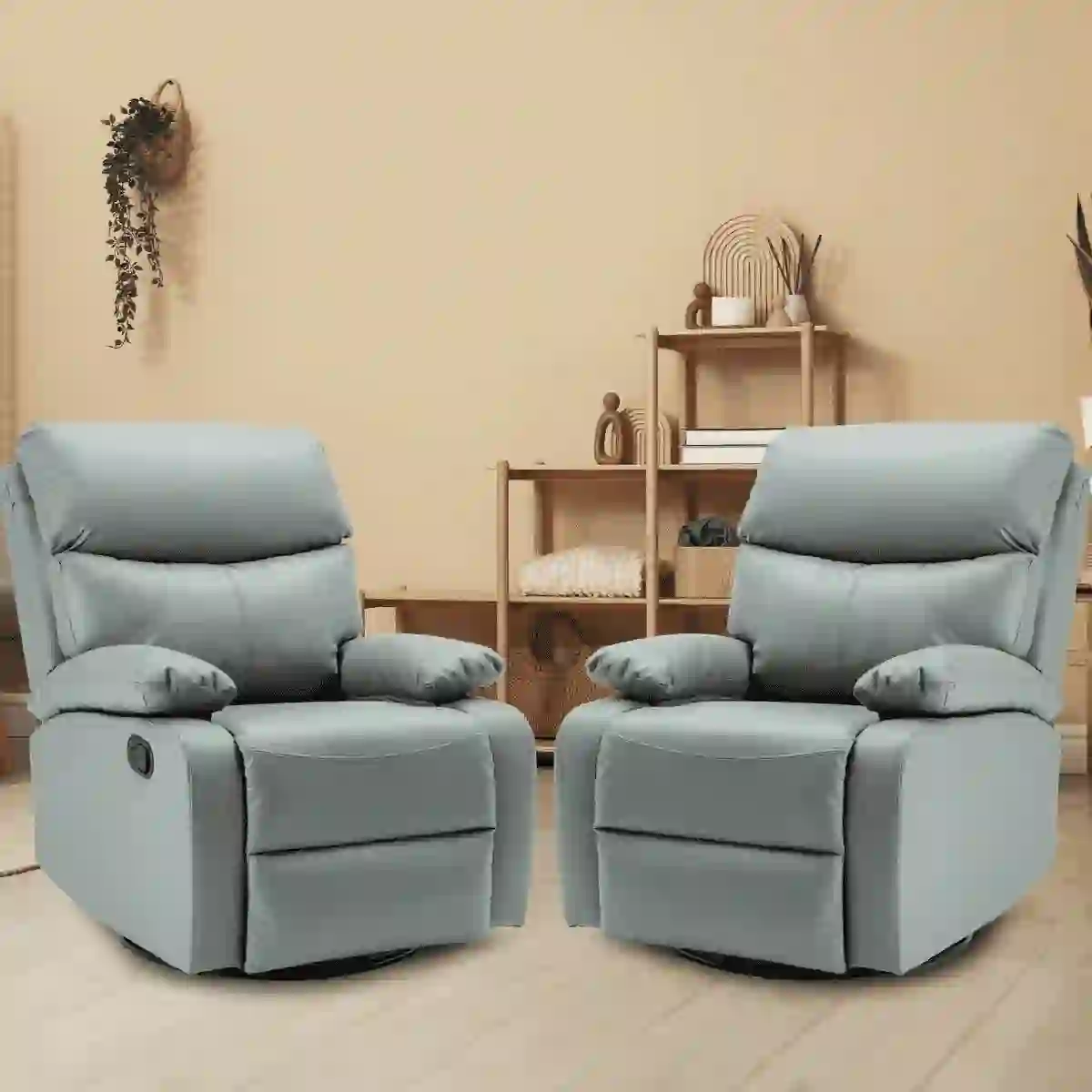 2-Piece Light Green Genuine Leather Recliner Chair Set