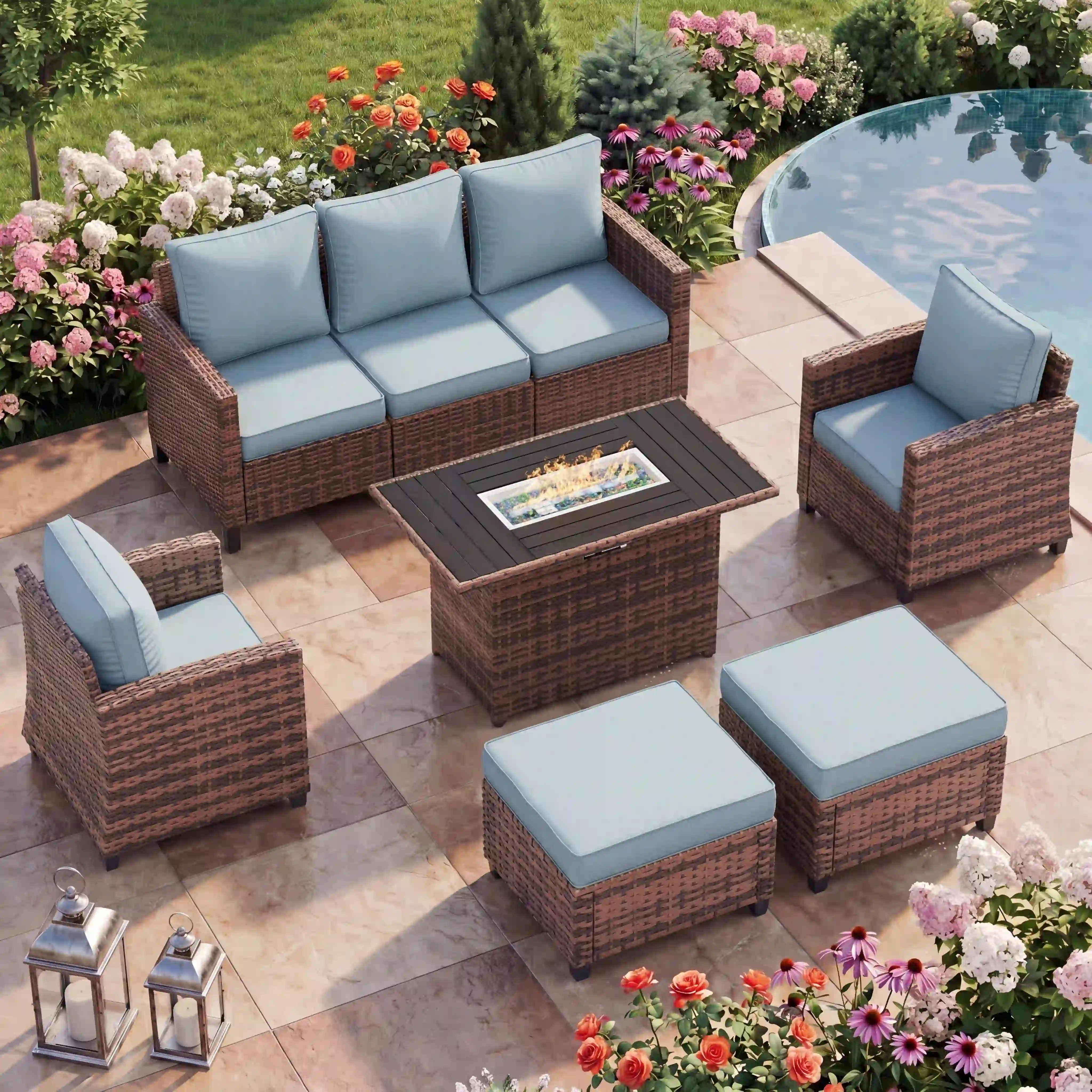 Poteban Patio Furniture Set with 44" Fire Pit Table, Light Blue