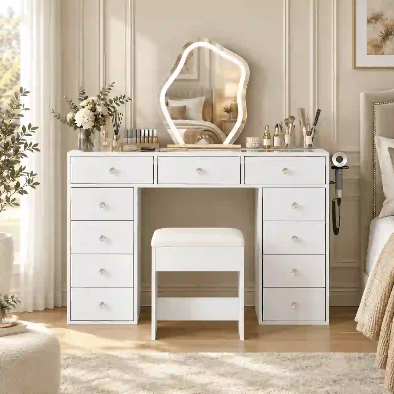 Vanity Desk Without Mirror, White Vanity with Storage for Bedroom