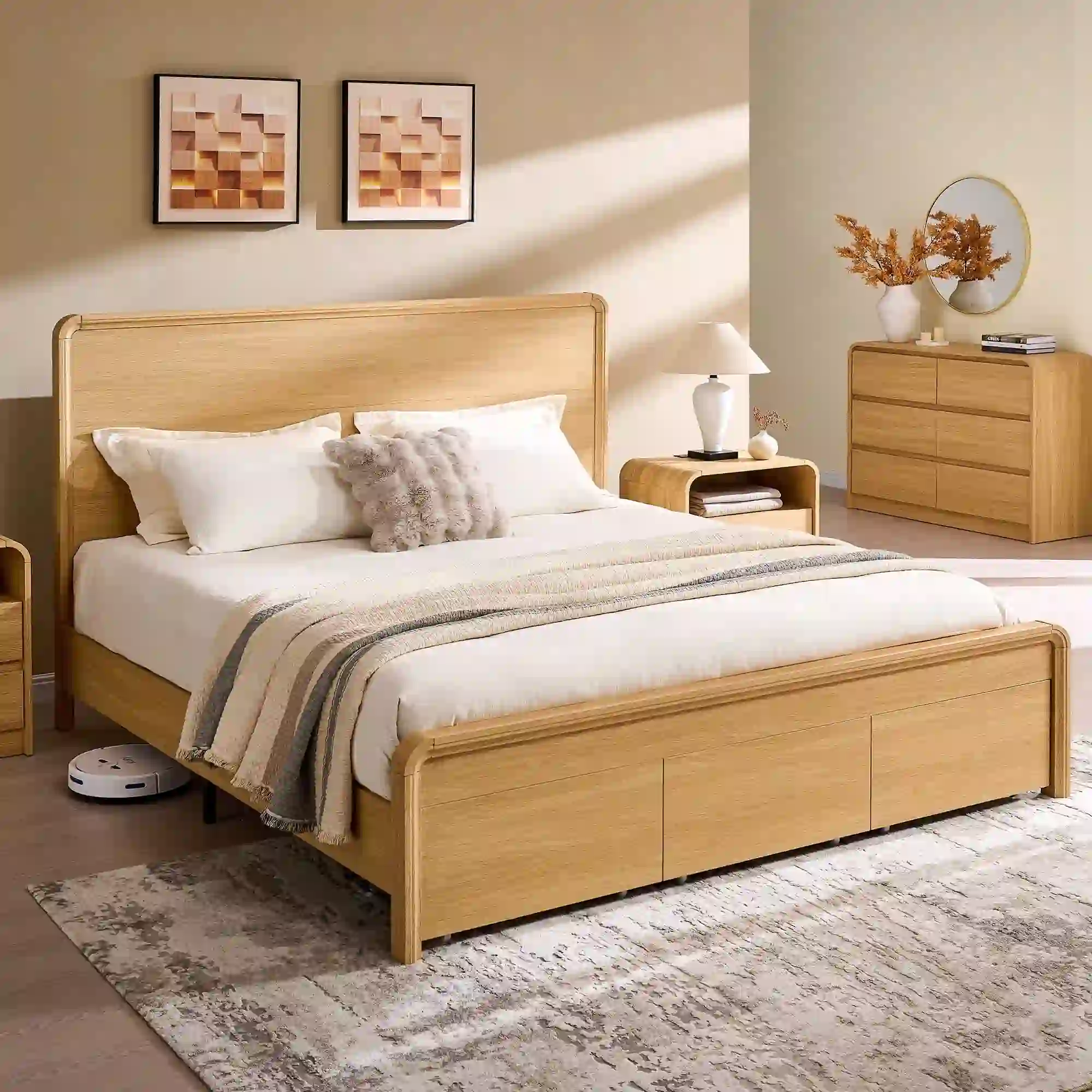 Aitjunz Modern King Size Frame, Wood Platform Bed, Natural
