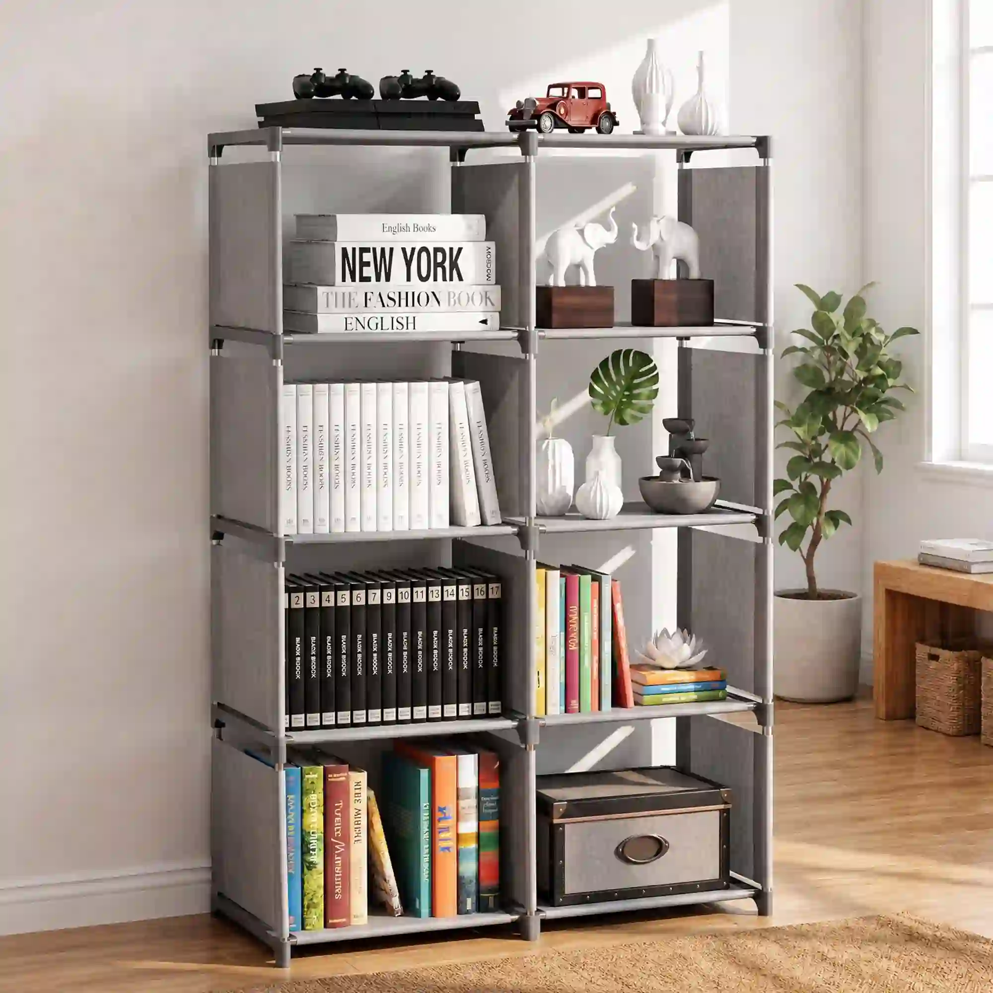 HONEIER Bookshelf, 8-Cube Storage Organizer, Gray