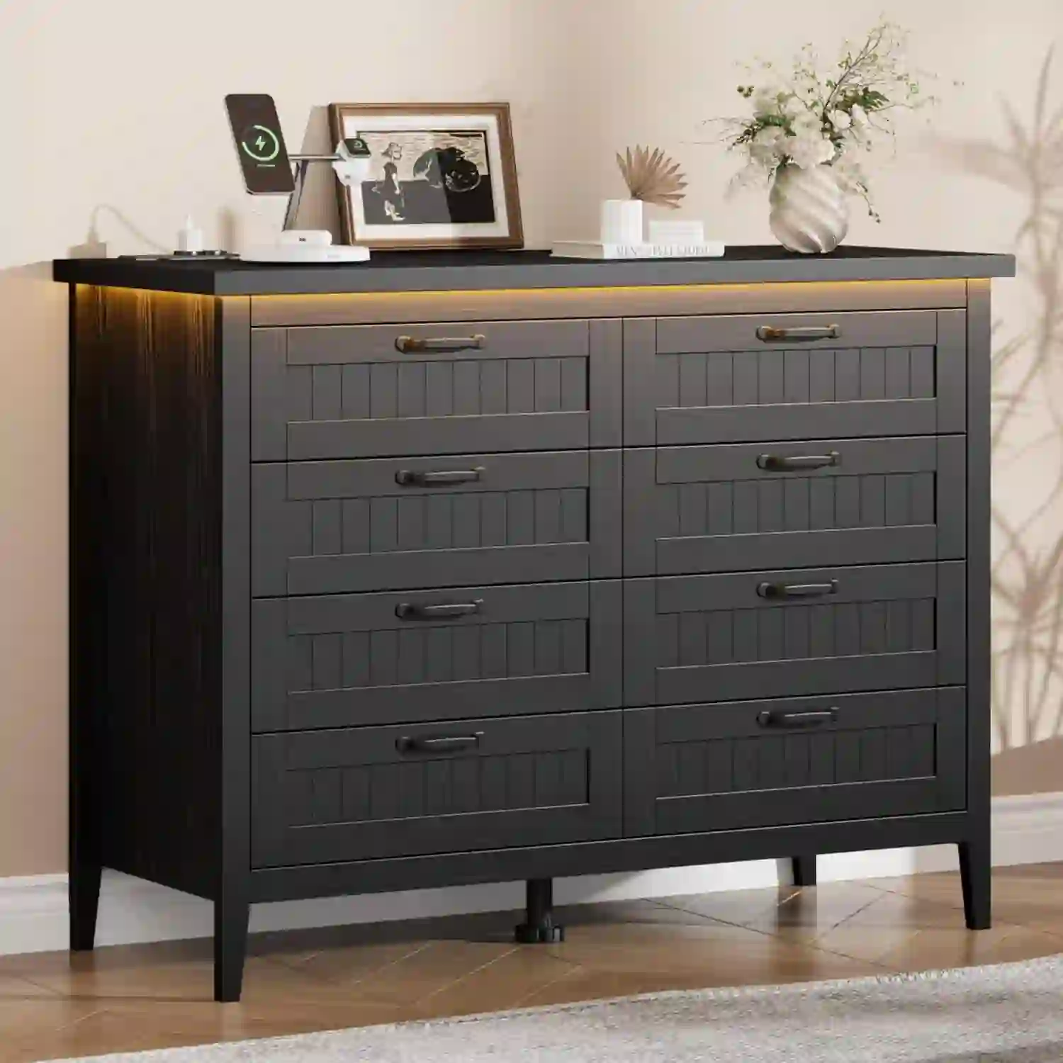 Black 39.8" 8-Drawer Chest with USB-C/AC Power & RGB LED