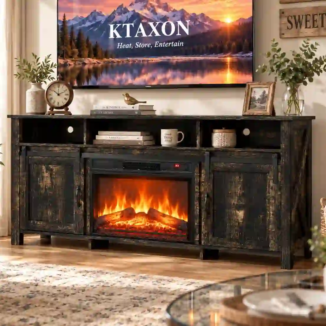 Ktaxon 58" Farmhouse TV Stand for 55/60/65" TVs, Black Oak
