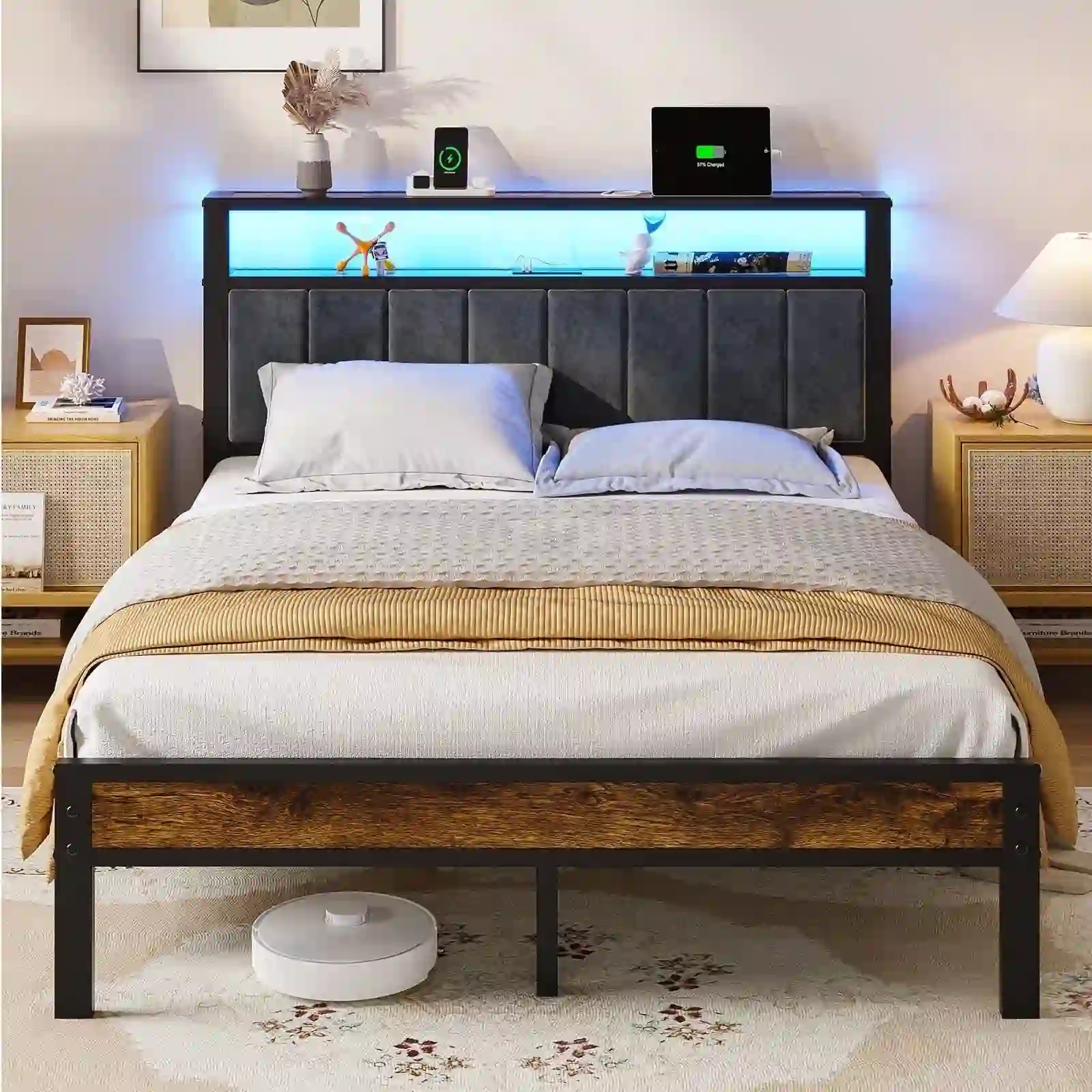 Kbun Queen Bed Frame with Storage Shelves & LED Light Headboard