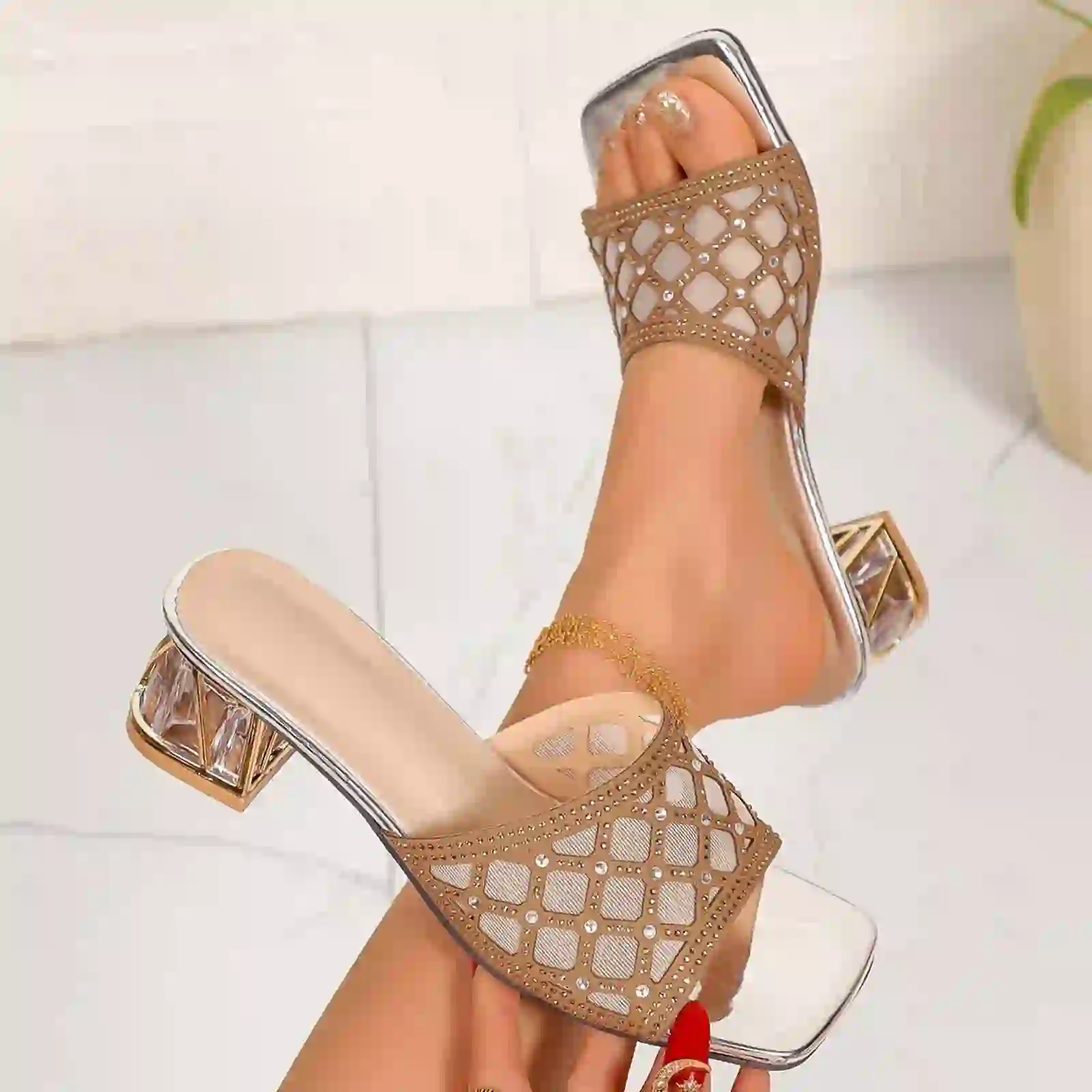 Womens Rhinestone Mesh Square Toe Chunky Block Heel Slide Sandals