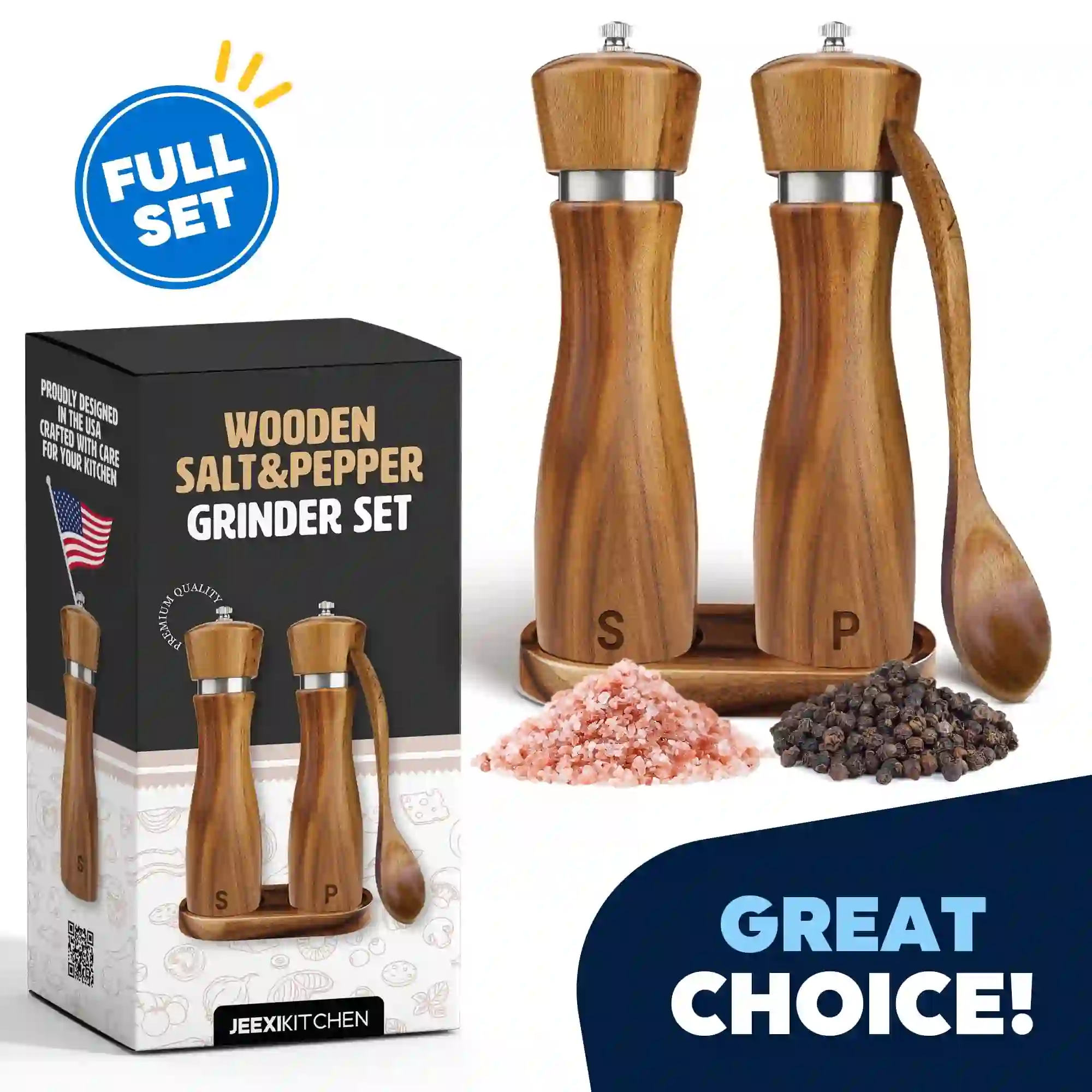 Premium Wooden Salt and Pepper Grinder Set, 8-Inch Tall