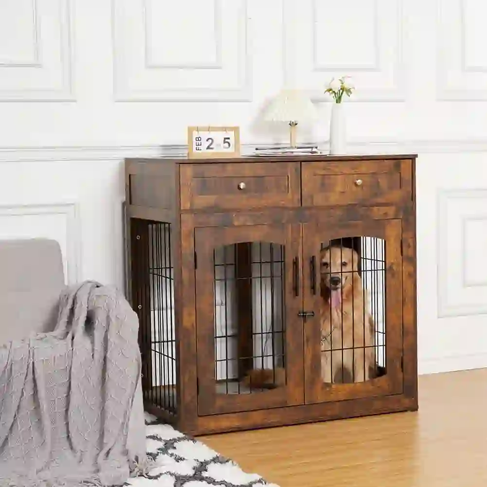 Rustic Brown Dog Crate Furniture Table – 2 Drawers and 3 Doors