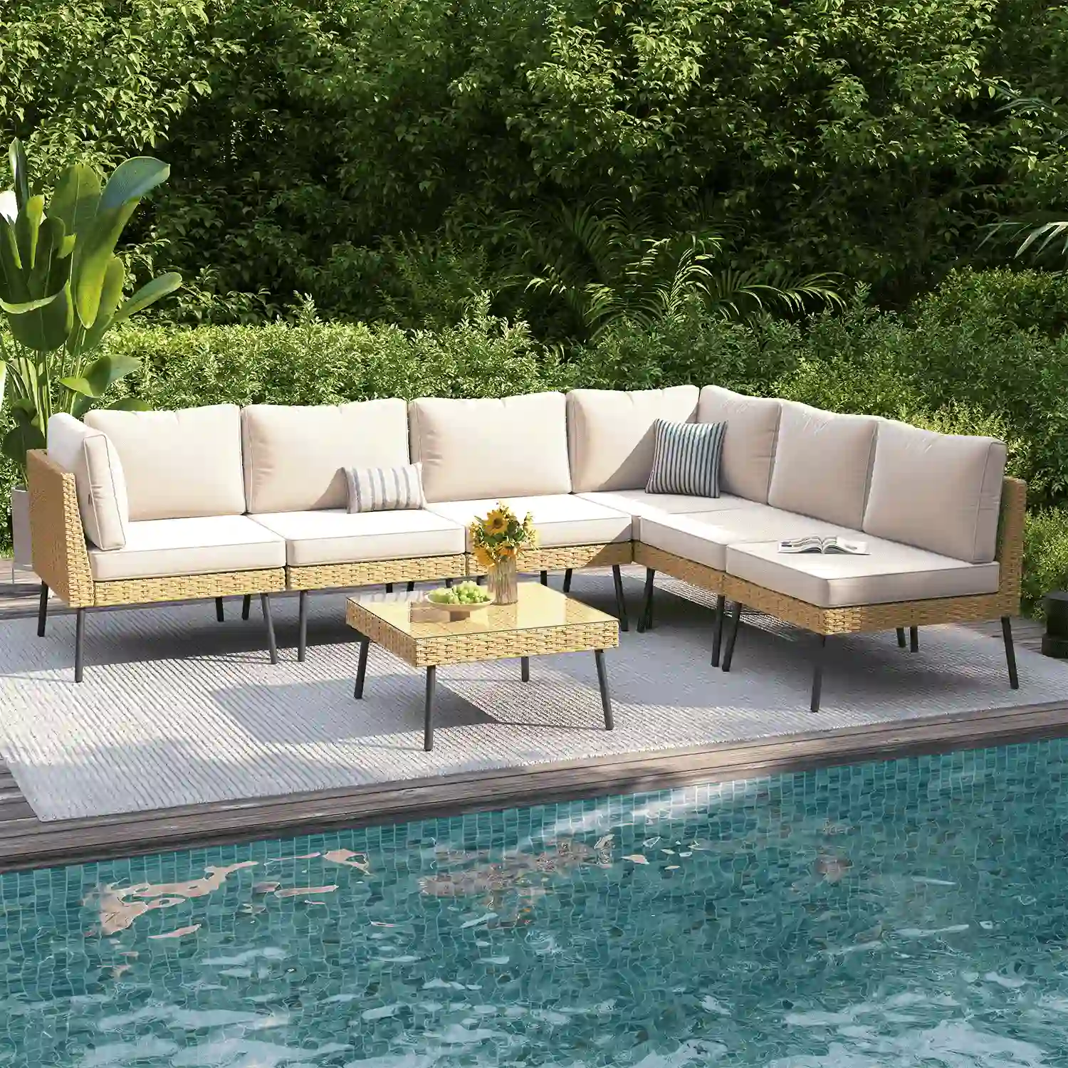 Clouddwell 7-Piece Beige Wicker Patio Sectional Conversation Set