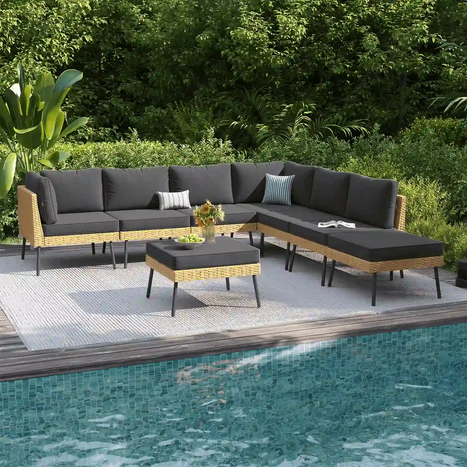 Clouddwell 8-Piece Black Wicker Patio Sectional Conversation Set