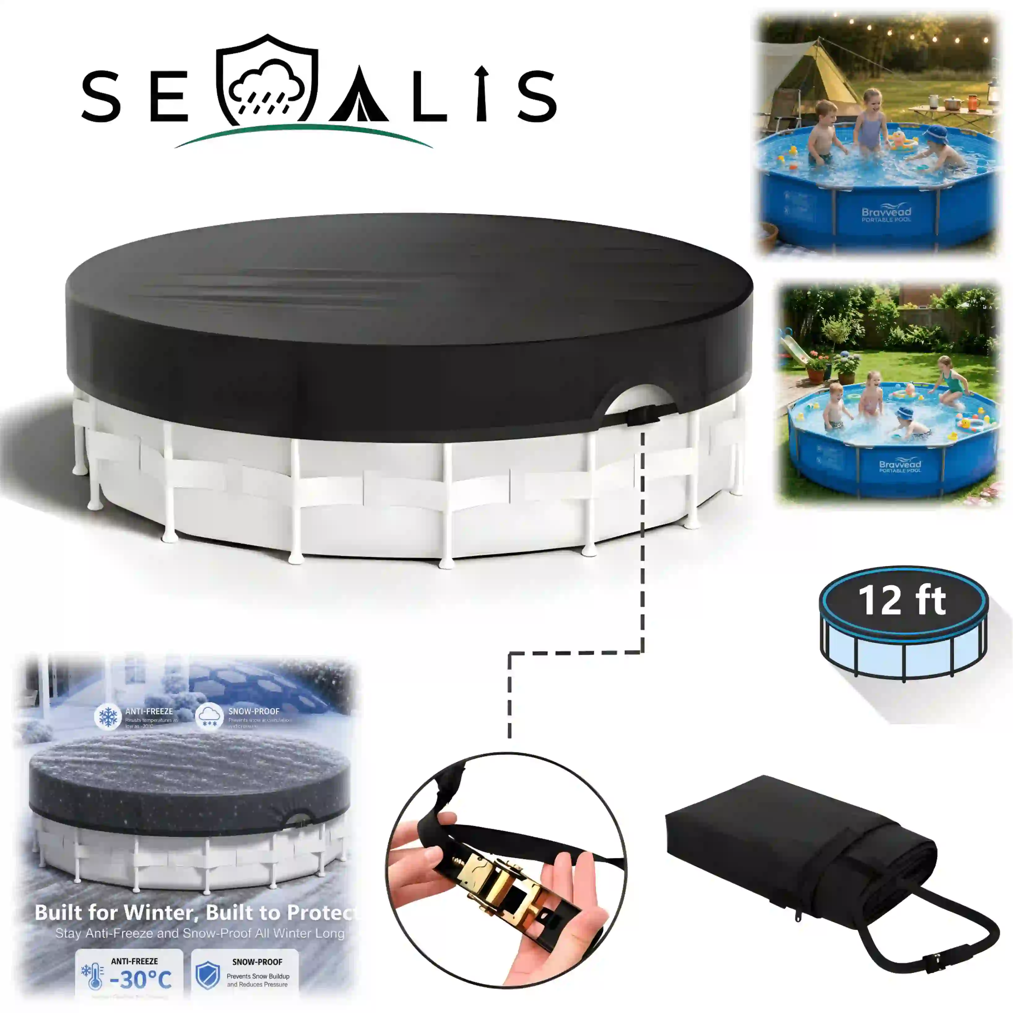 Seralis 12' Round Pool Cover with Winch & Cable Solar Cover