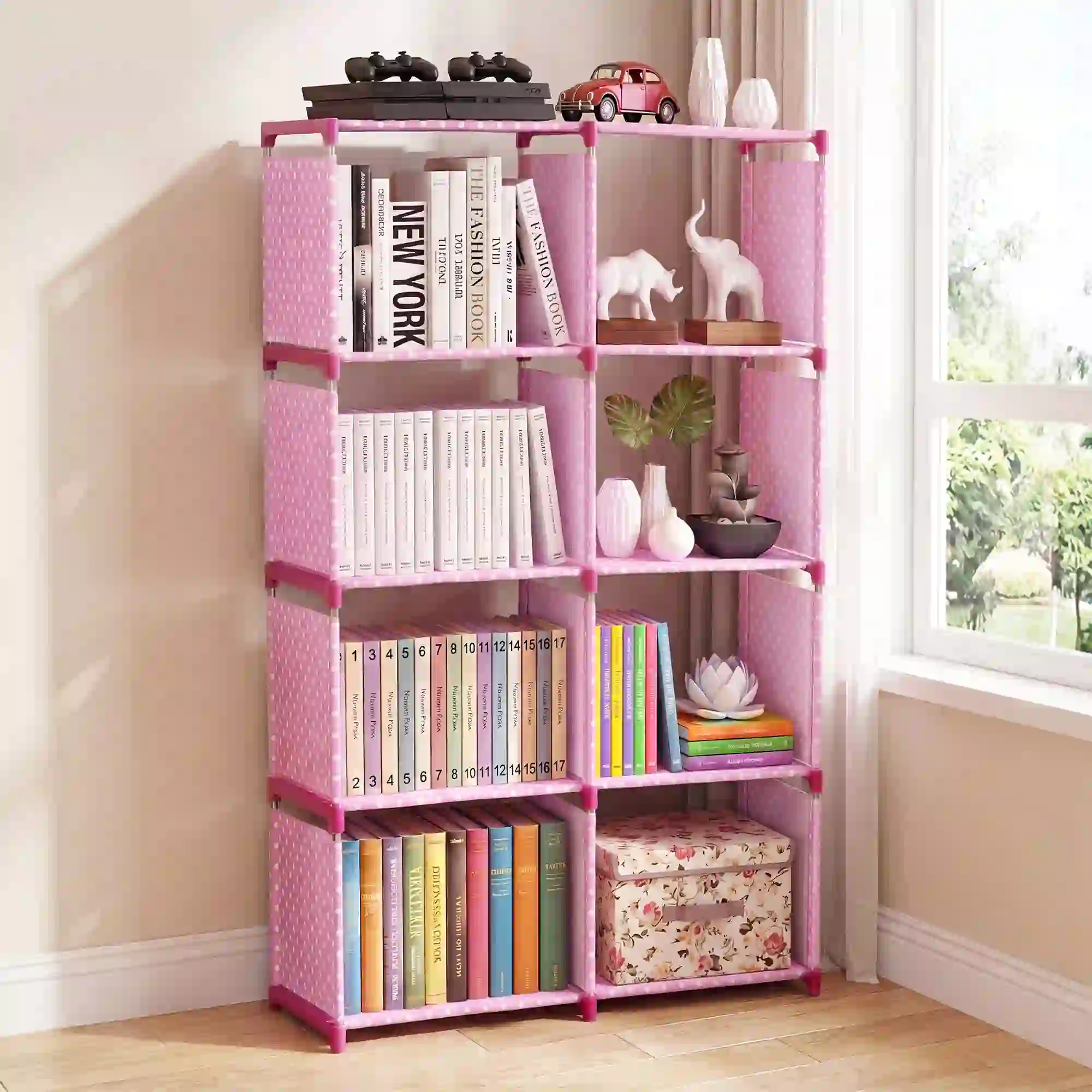 HONEIER Bookshelf, 8-Cube Storage Organizer, Pink