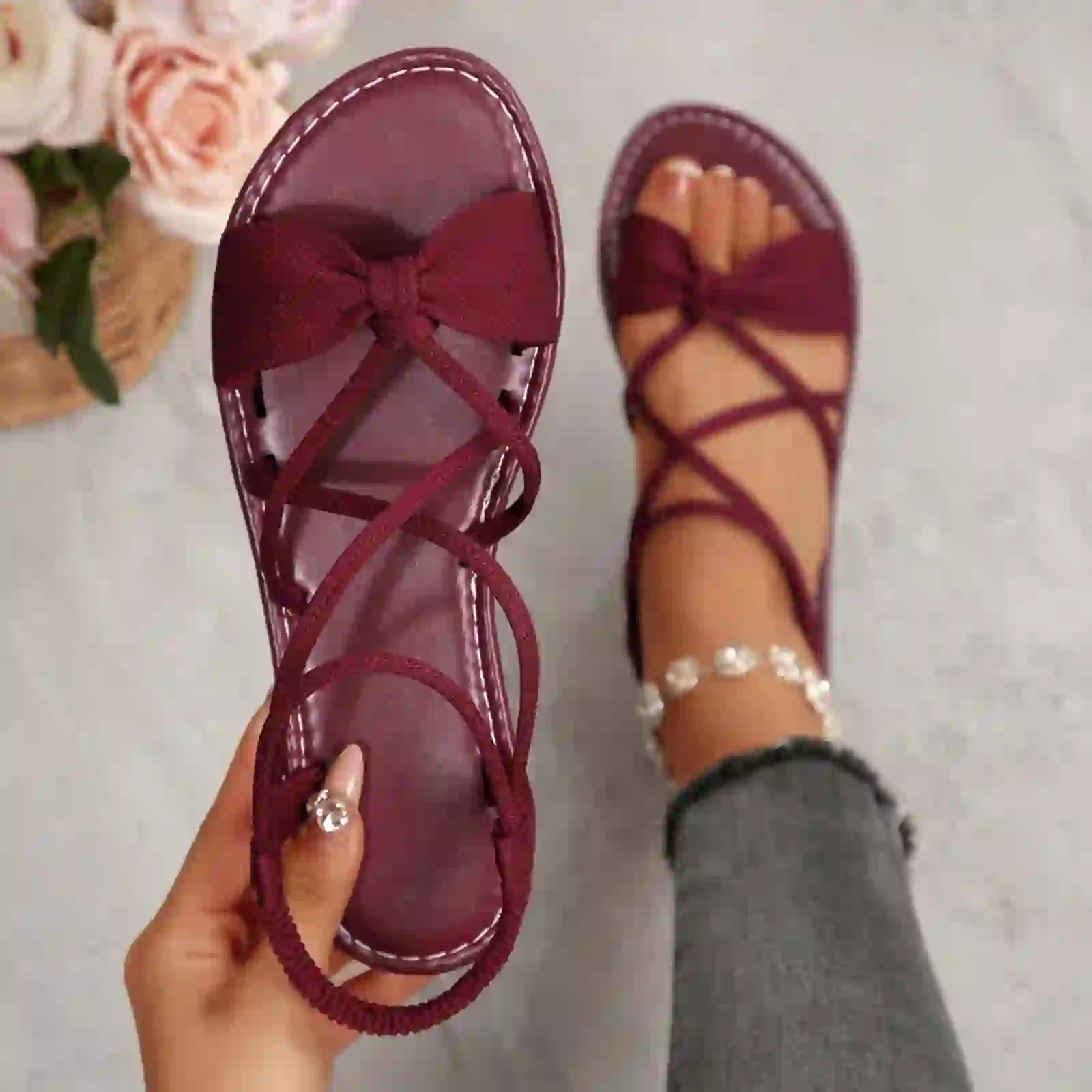 Womens Wine Elastic Ankle Strap Flat Sandals Crisscross Bow Open