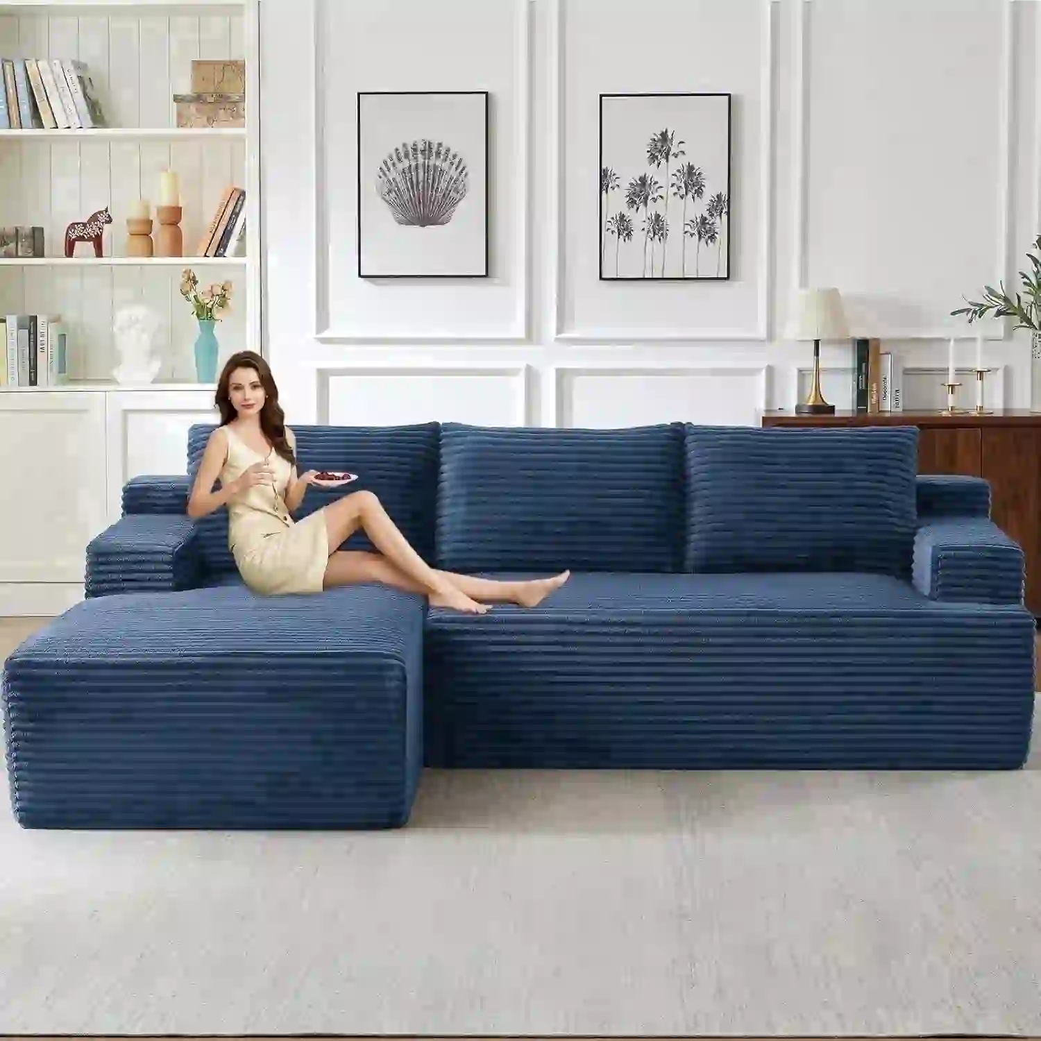 Luckhao 96" Boneless Cloud Couch with Chaise, Blue