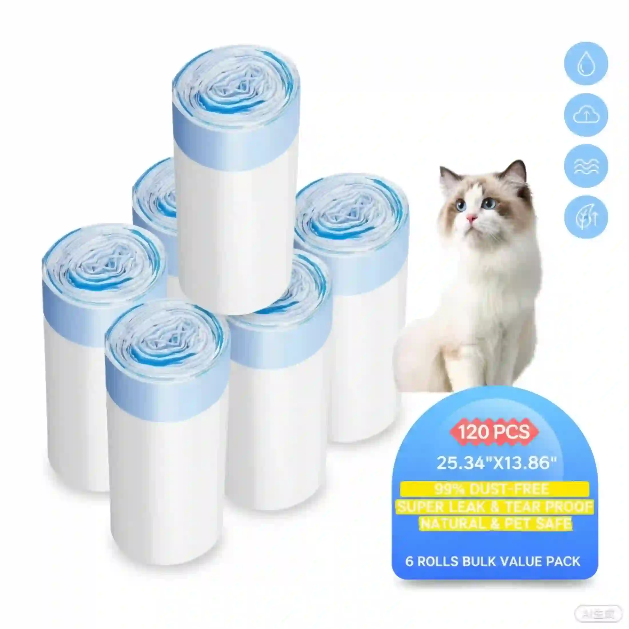 Cat Litter Bags, 120 Packs Durable Drawstring Litter Box Liners