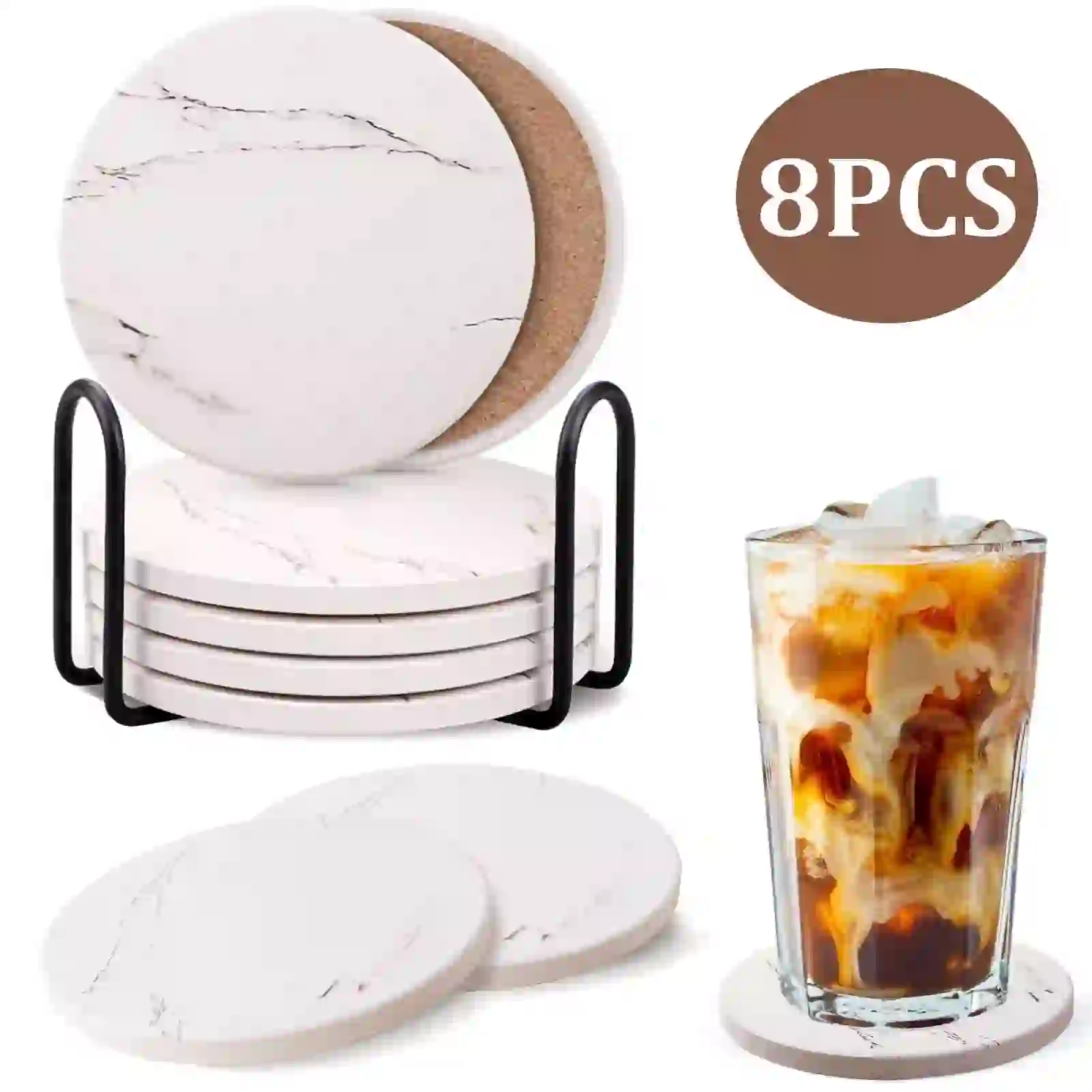LANNEY 8 Pcs Drink Coasters with Holder, Cork Absorbent Coasters