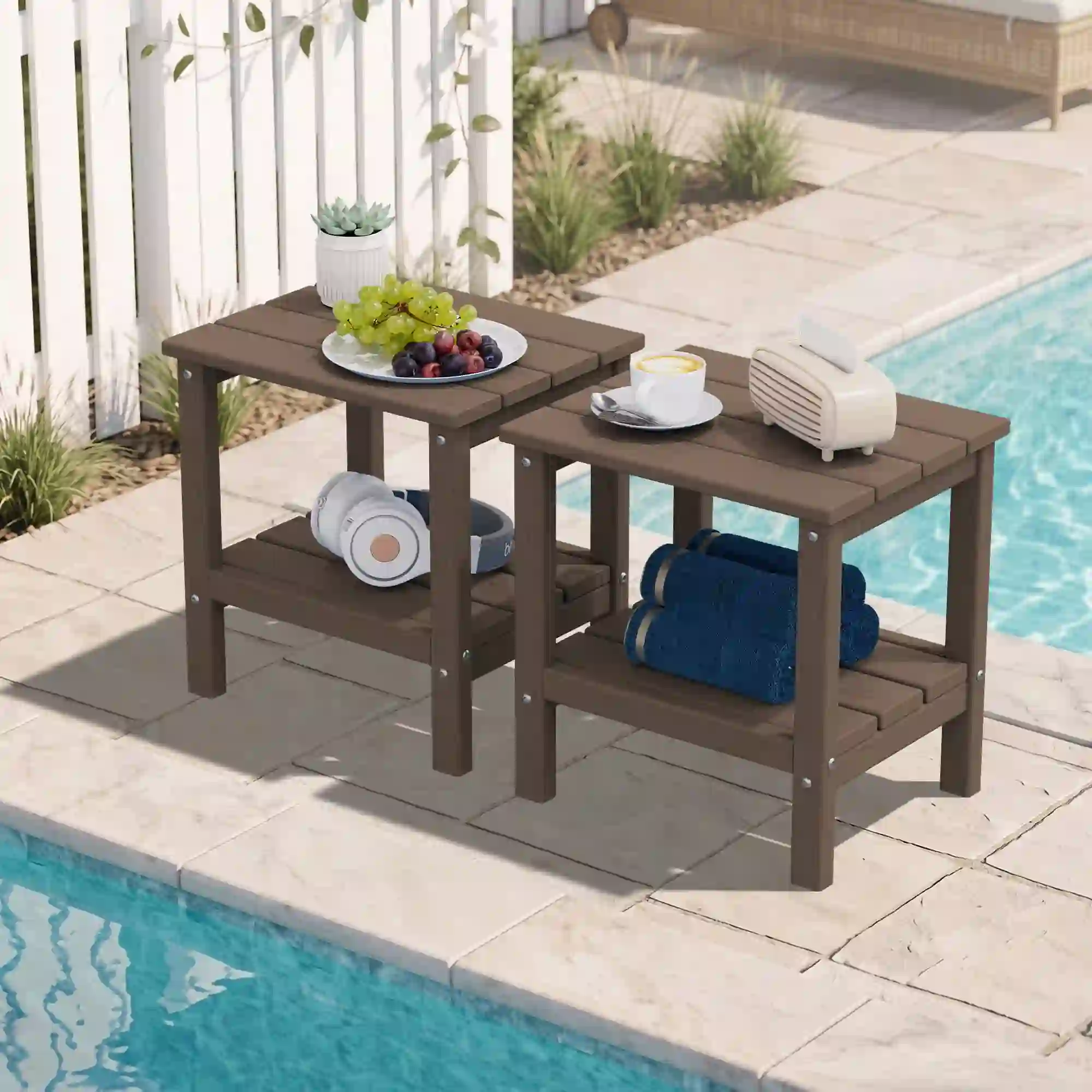 SERWALL 2-Tier Outdoor Side Table Set of 2, Brown