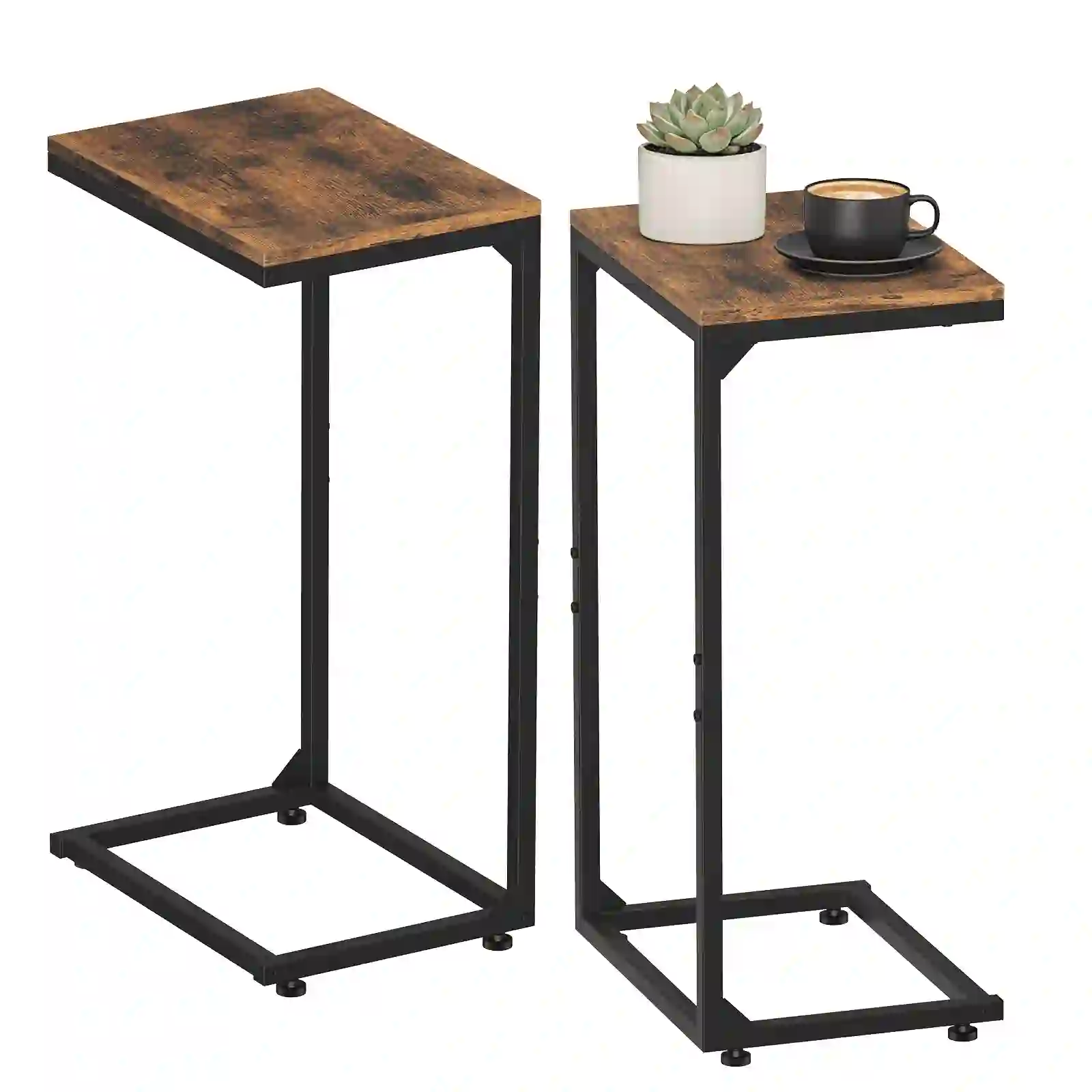 Set of 2 C Shaped Metal End Table with Adjustable Feet, Brown