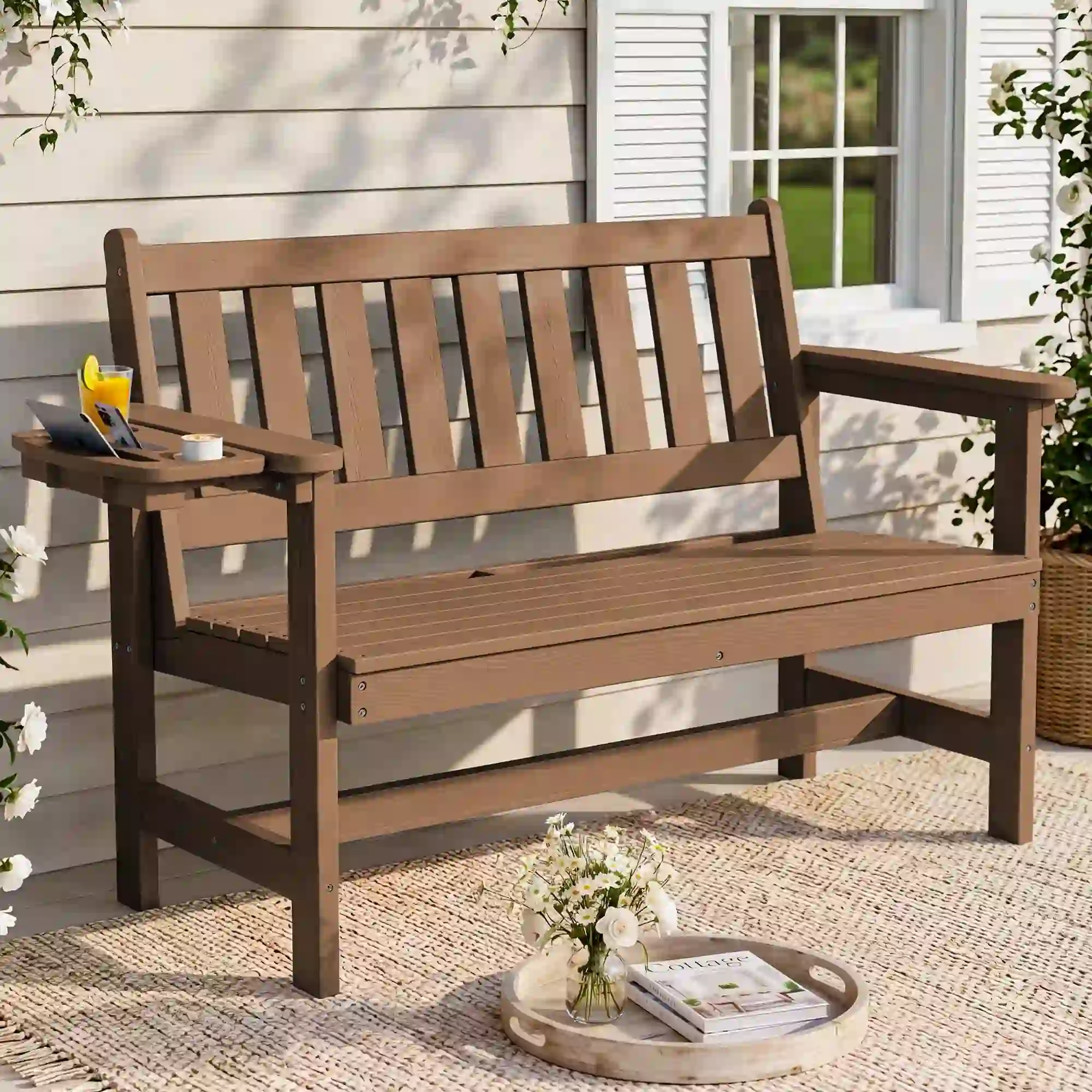 SERWALL 2-Person Outdoor Bench, 660 lbs Capacity, Brown