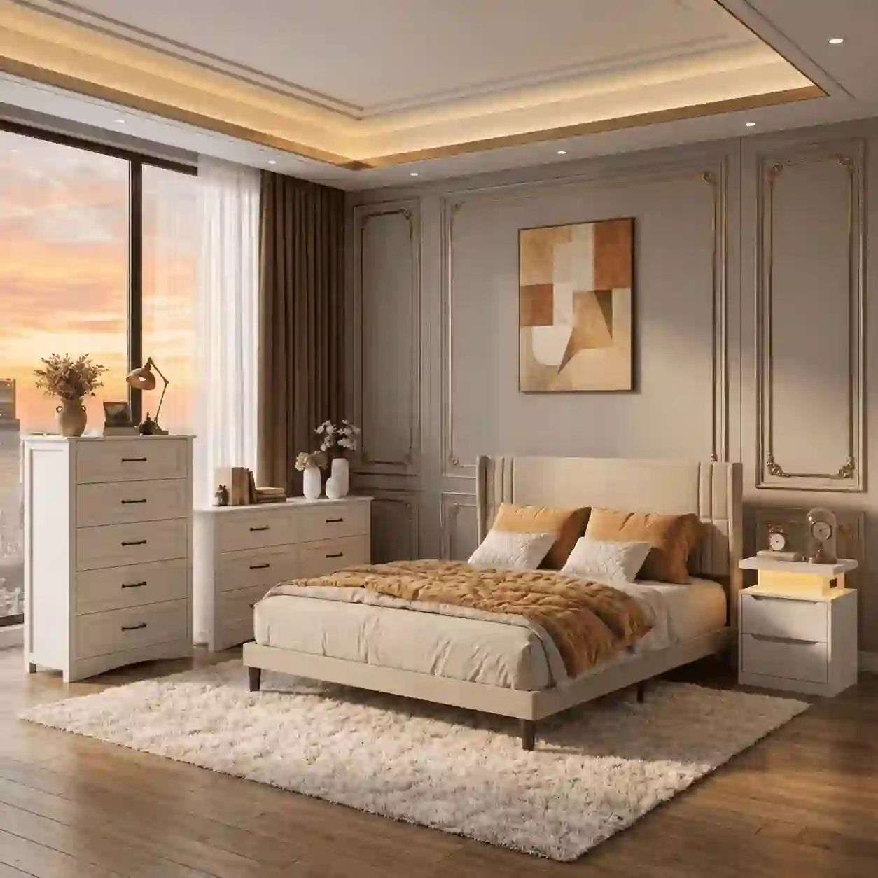 4 Pieces Bedroom Furniture Set, 2 Drawer Nightstand