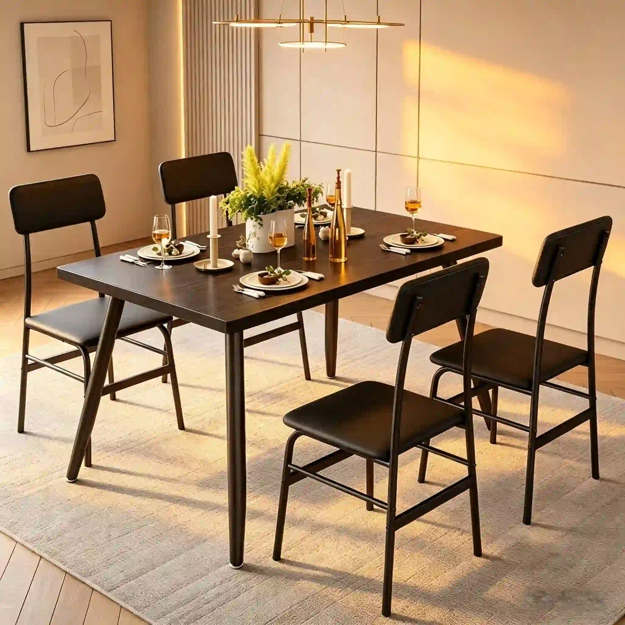 Dining Table Set for 4, Lofka Modern Kitchen and 4 Chairs, Black