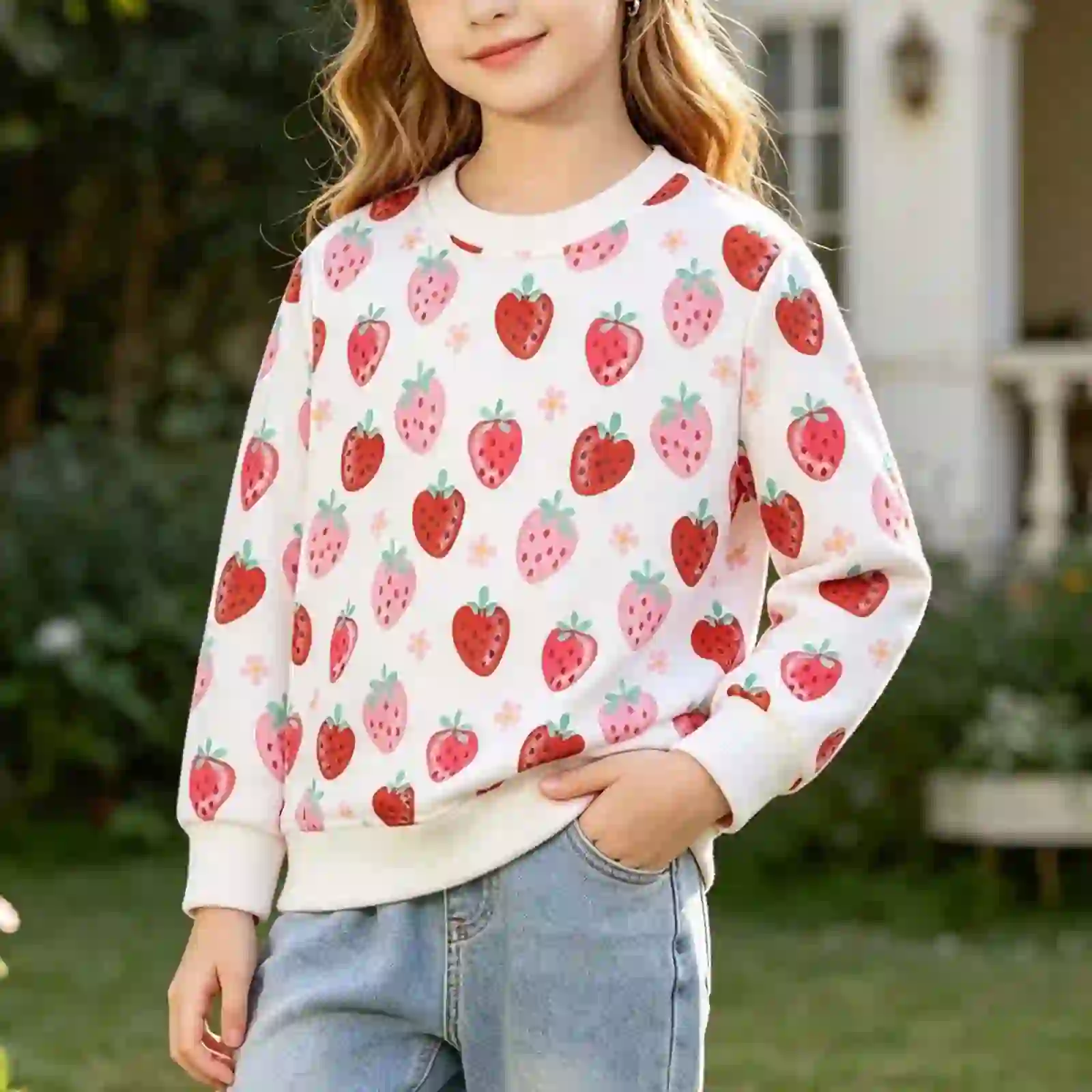 Fnnxnal Girls' Pink Strawberry Print Cotton Crew Neck Sweatshirt
