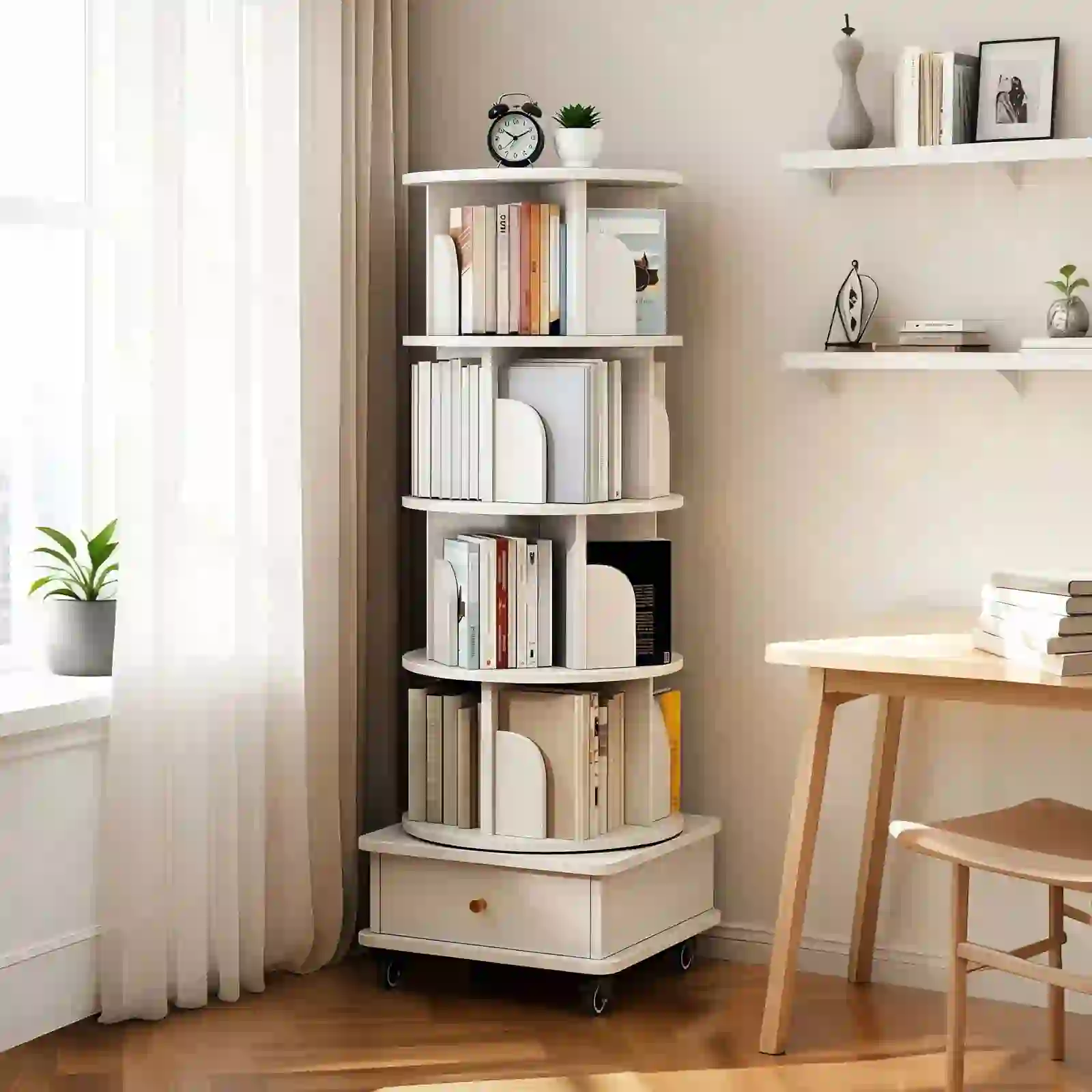 5 Tier Rotating Bookshelf,360° Display Round Bookshelf, White