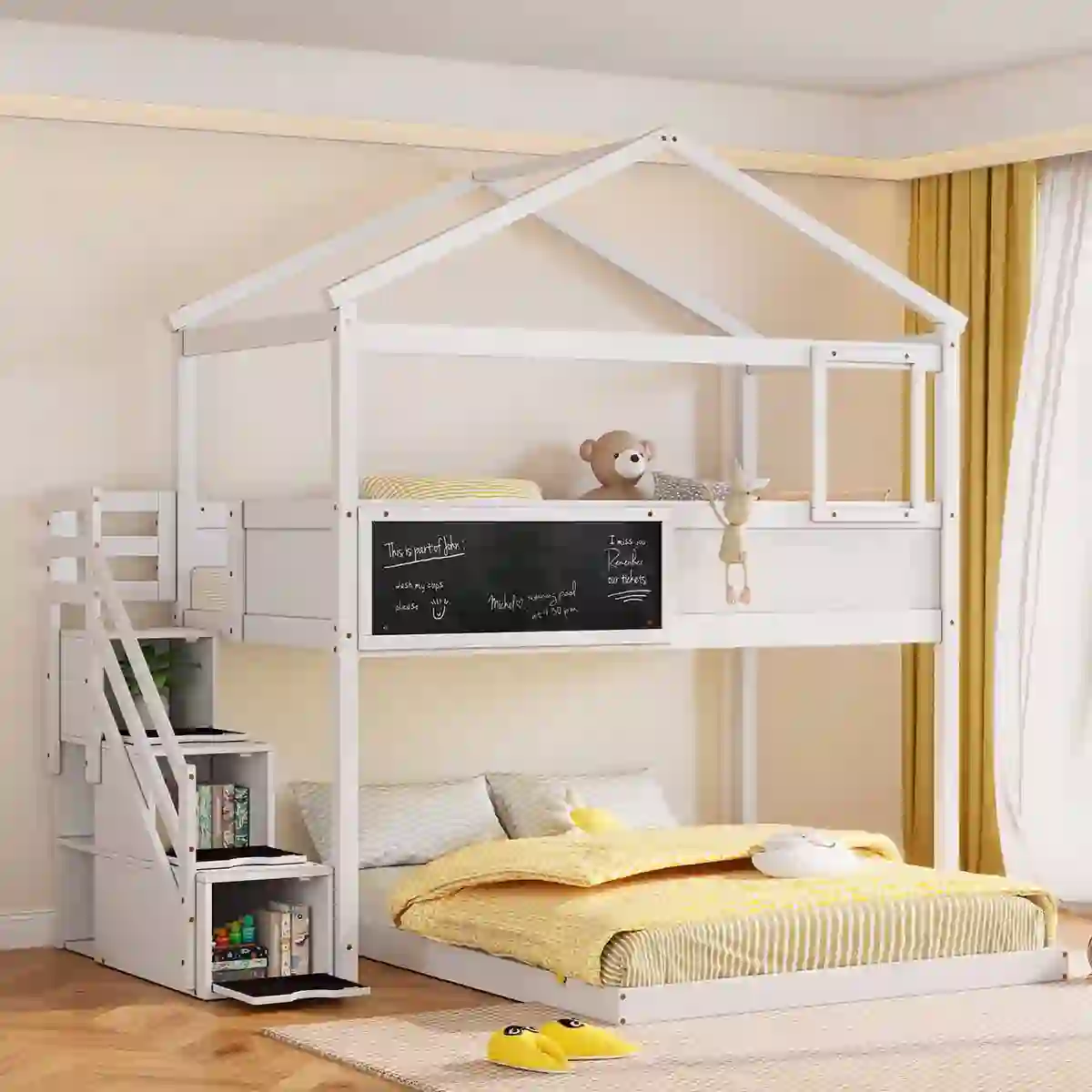 Euroco Twin over Full House Bunk Bed, Moverable Lower Bed, White