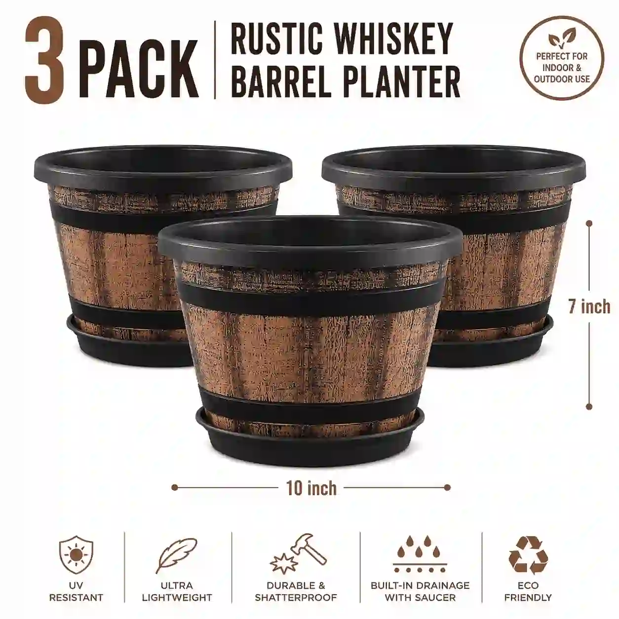 3 Pack 10 inch Whiskey Barrel Plant Pots, Patio (Brown)