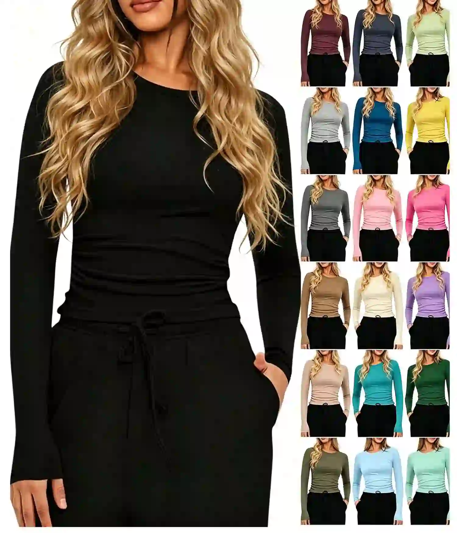 Hzzrkos Women Casual Solid Color Crew Neck Long Sleeve, Black XXL