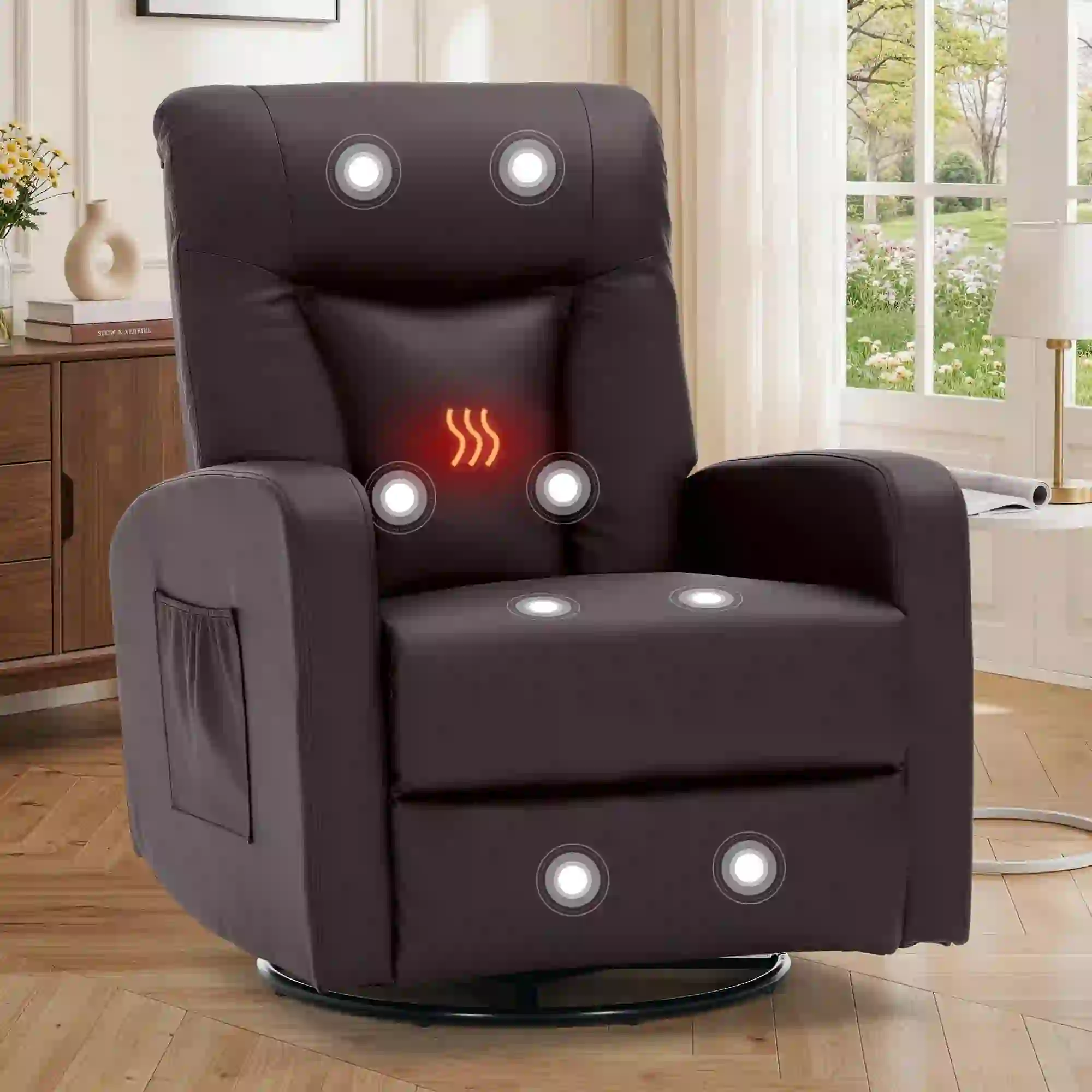 Korser Swivel Rocker Recliner Chair with Heat, PU Leather, Brown