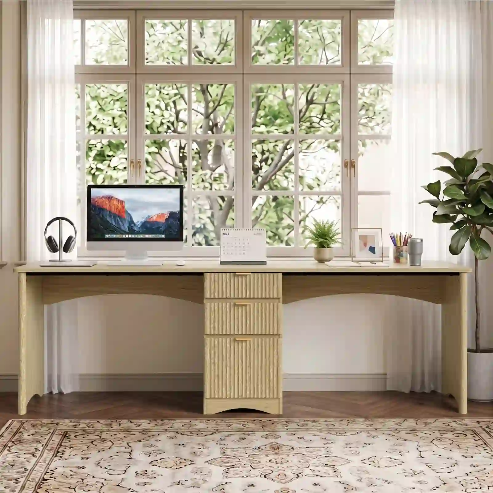 Bestier 95" 2 Person Computer Desk with Drawers, Oak