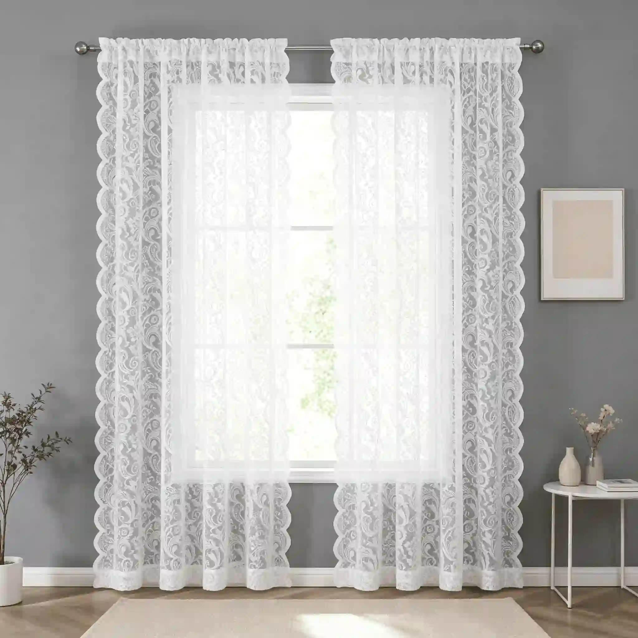 Pinewave Sheer Lace Vintage Floral Rod Pocket, White 54"W x 63"L