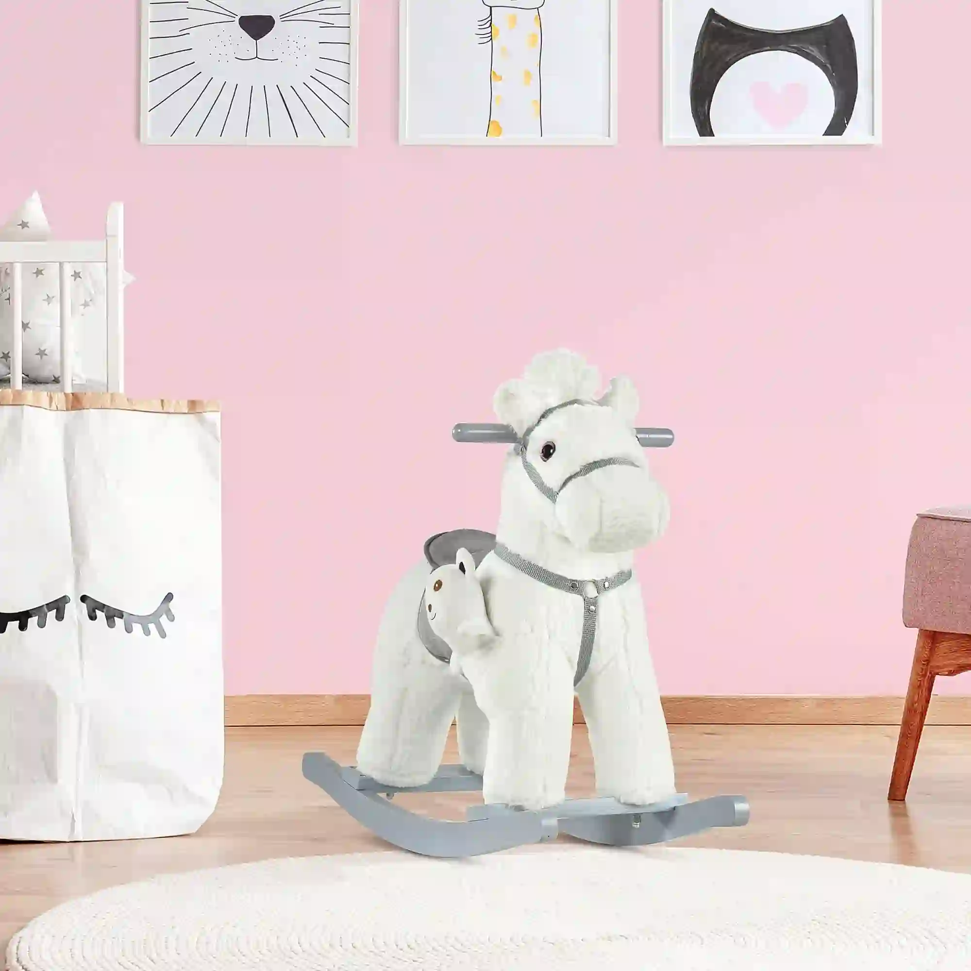 Qaba Kids Plush Ride-On Rocking Horse with Bear Toy, White