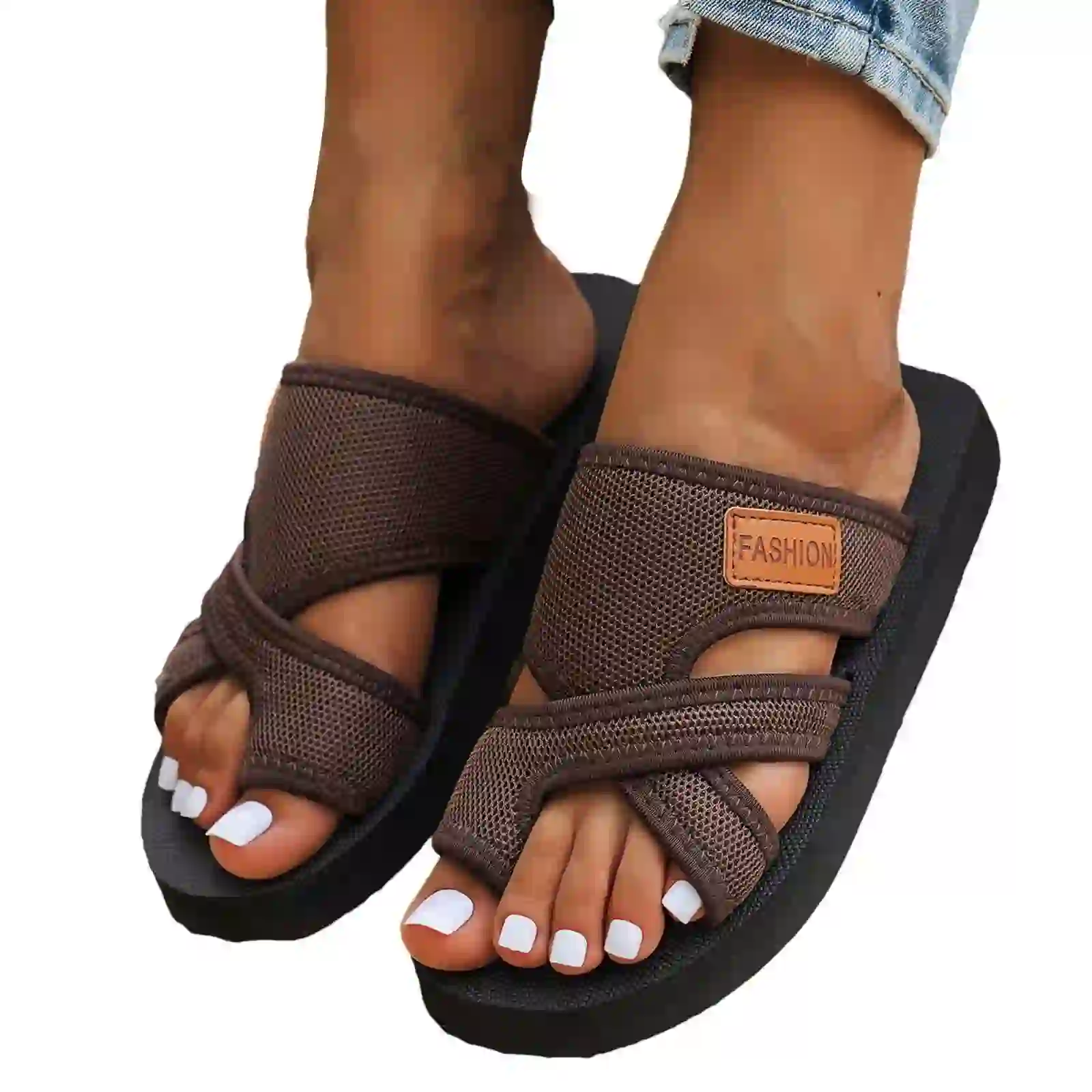 Women's Hollow Mesh Slide Sandals Summer Comfortable, Brown 8.5