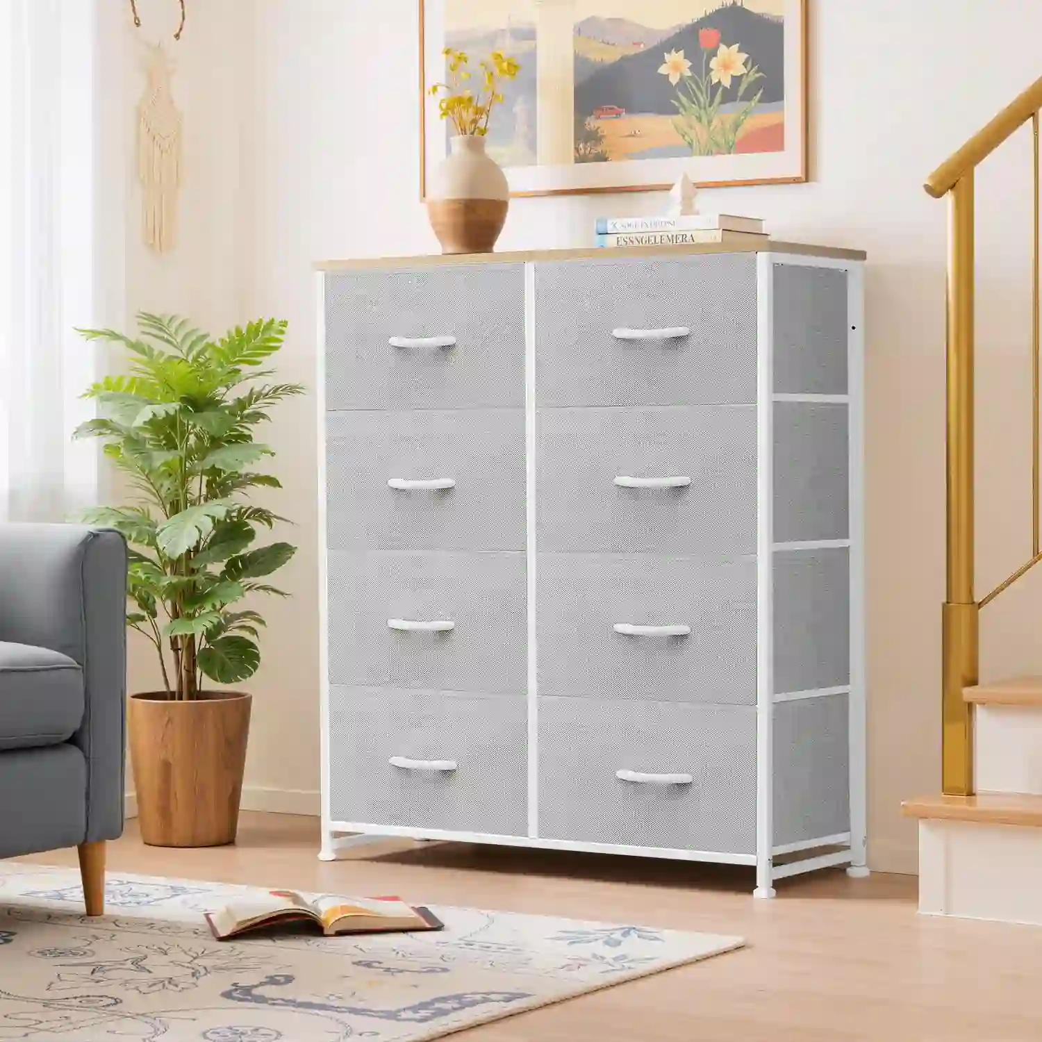 Beddle Dresser with 8 Fabric Drawers for Bedroom, Light Gray