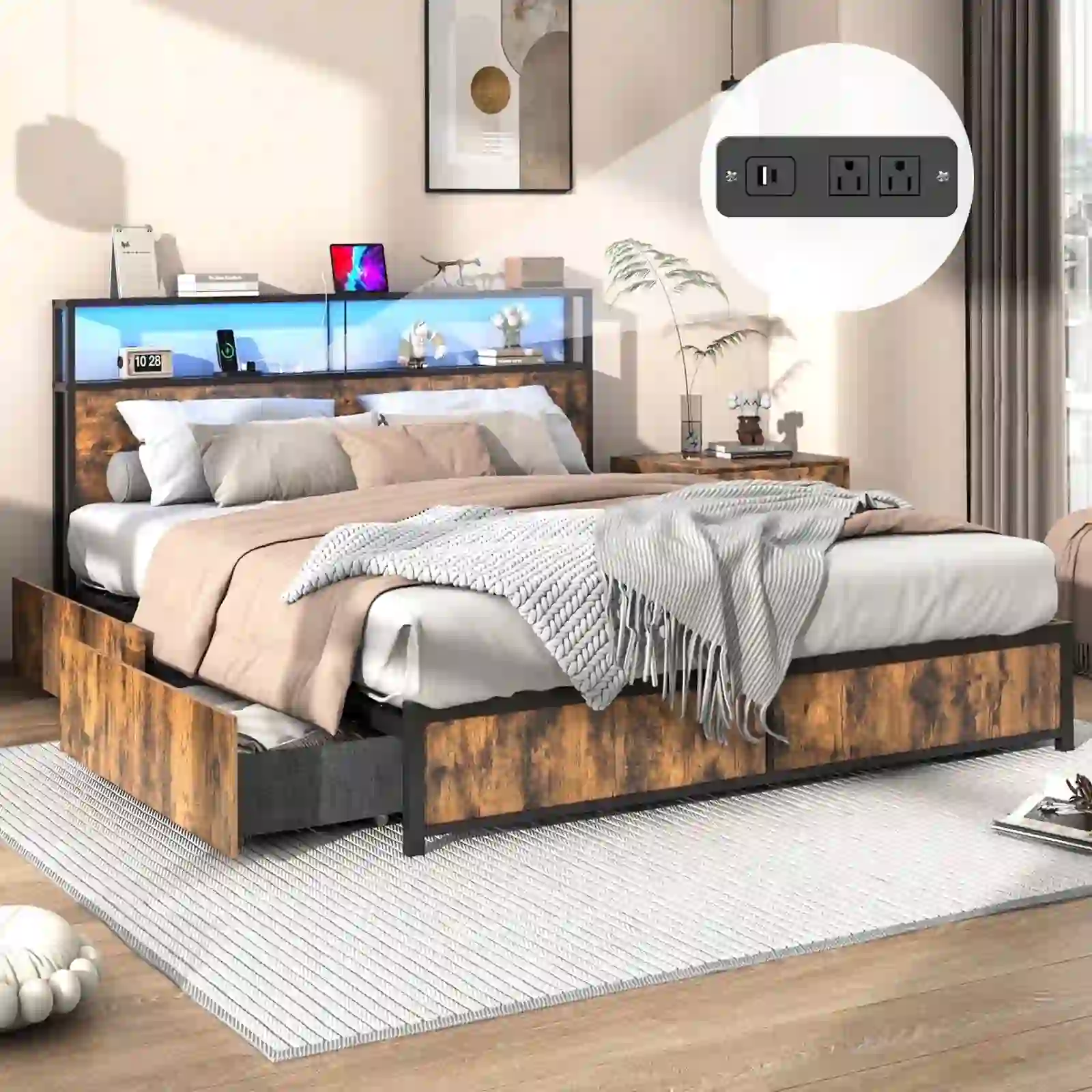 Full Size Bed Frame with LED Light & Outlets USB Ports