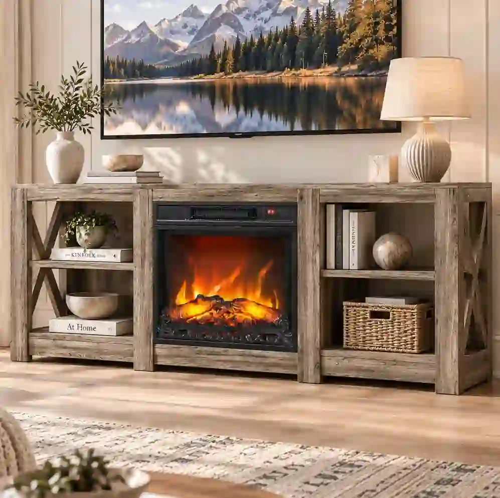 Ktaxon Farmhouse Fireplace TV Stand with 4 Open Shelves, Gray