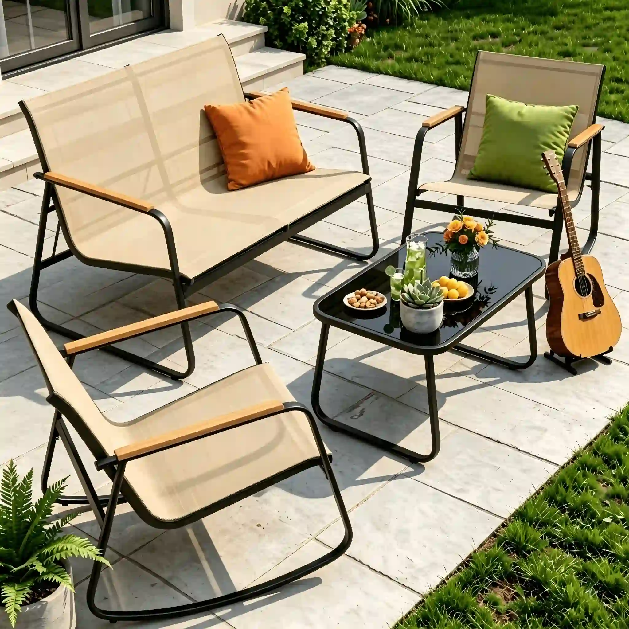4 Piece Patio Furniture Set, Outdoor Conversation Set, Brown