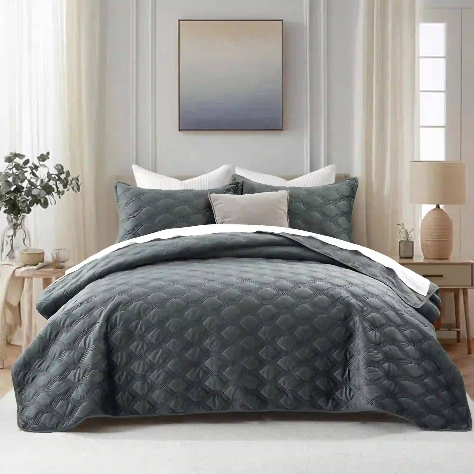 IR Imperial Rooms Velvet Quilt Set 3 Piece Geometric, Gray