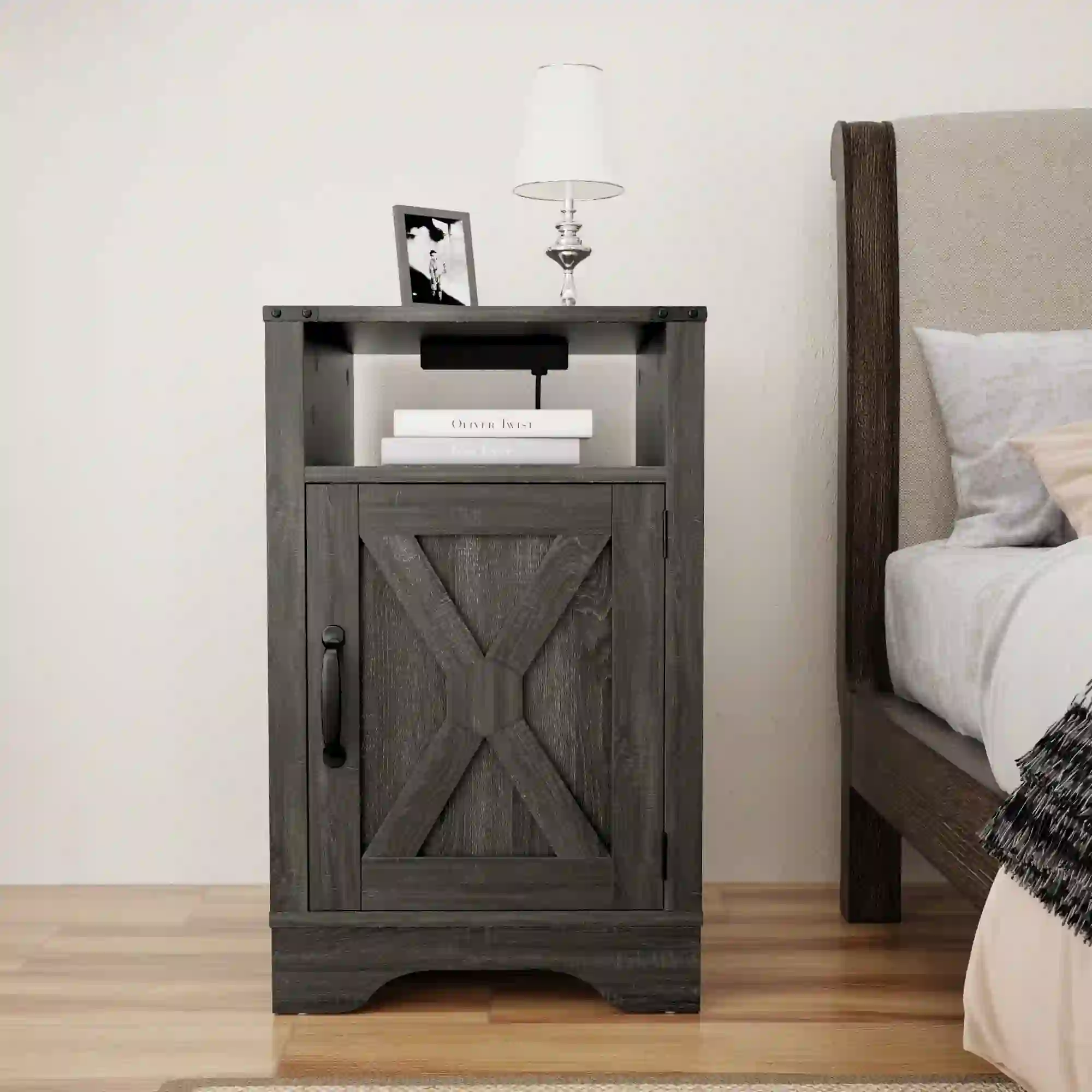 Superjoe Farmhouse Nightstand w/Charging Station, Dark Gray