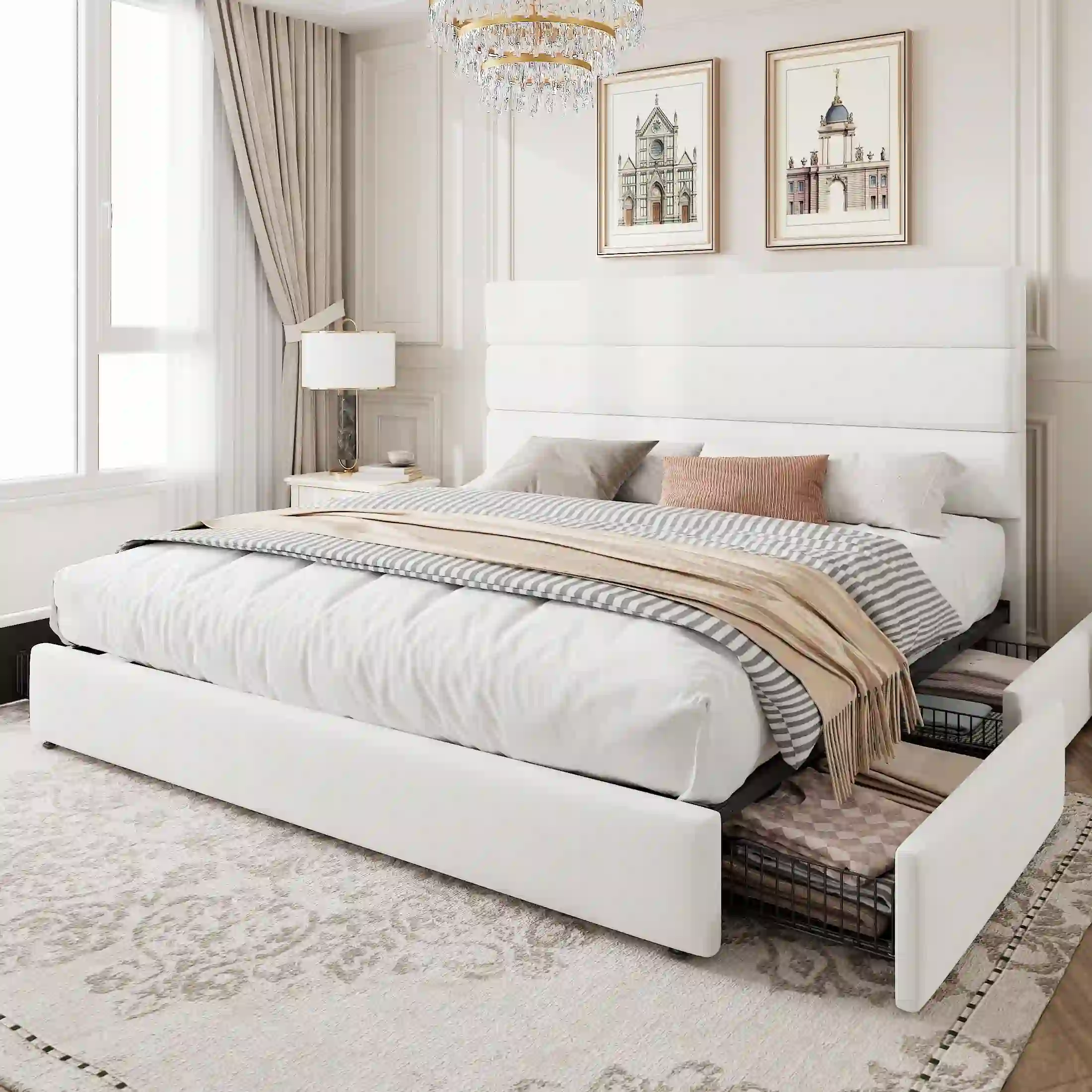 Amolife Queen Size Storage Platform Bed Frame, White
