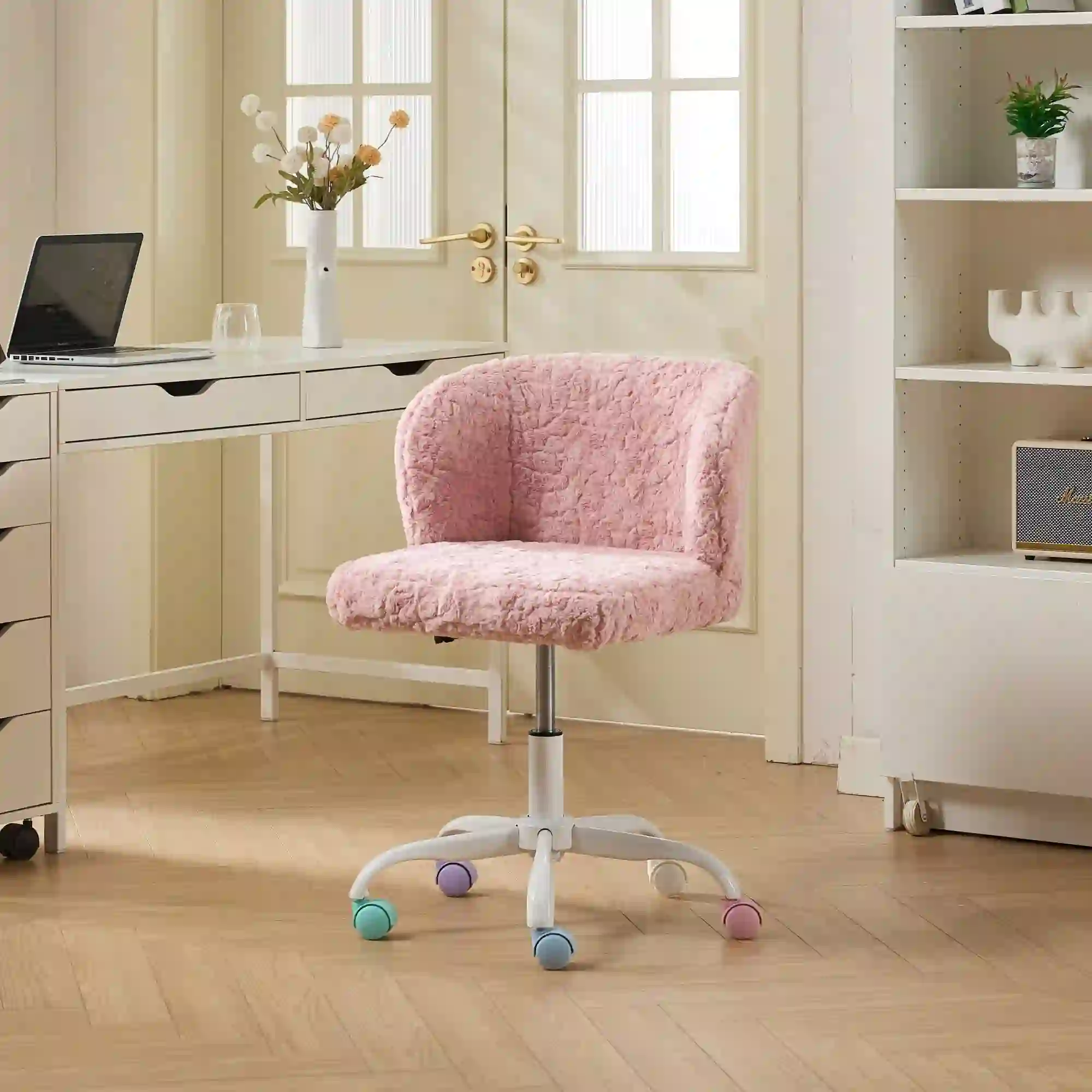 Cute Velvet Office Chair, Makeup Vanity Chair, Pink+White Feet