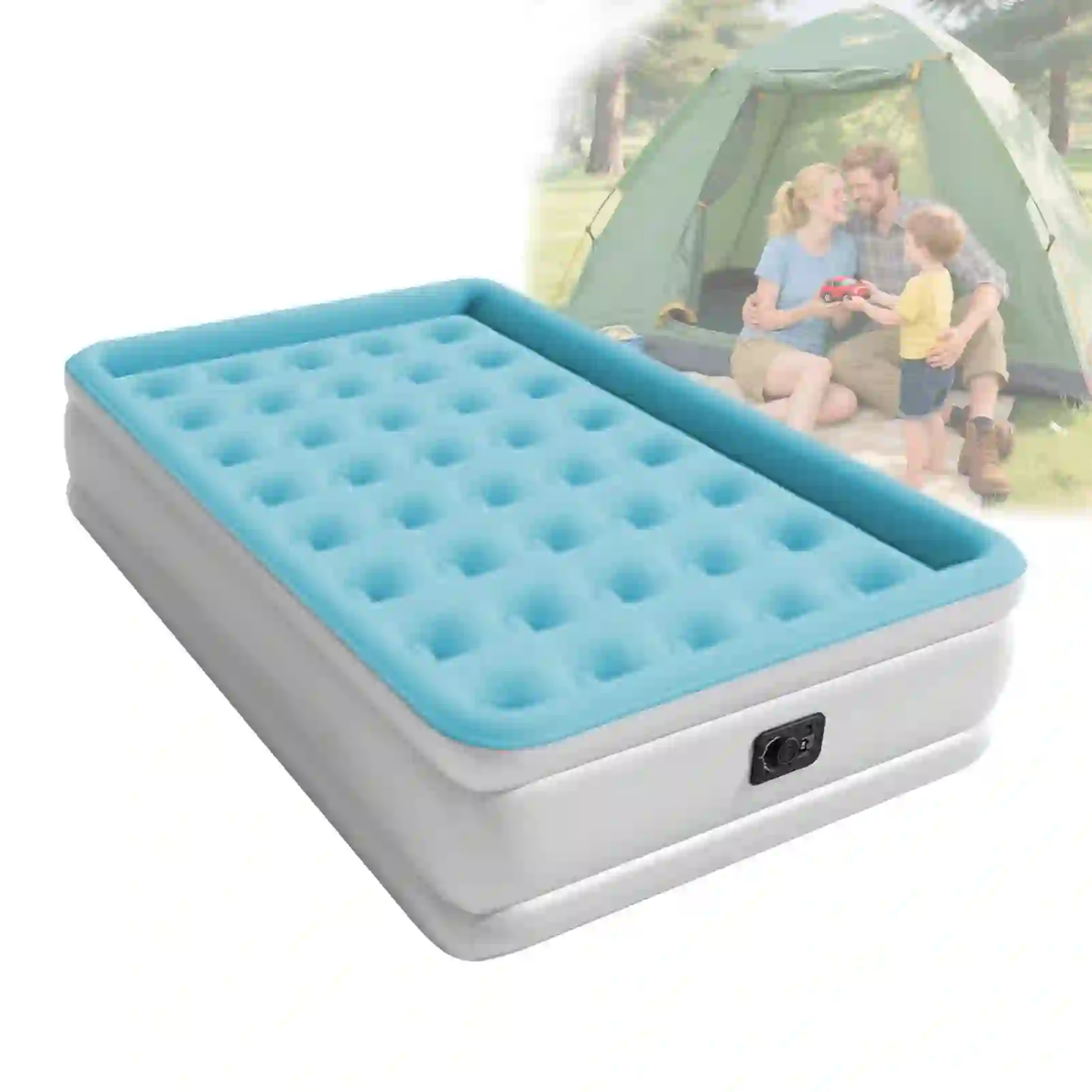 Full Air Mattress with Built-in Pump 18" Top Flocking, Light Blue